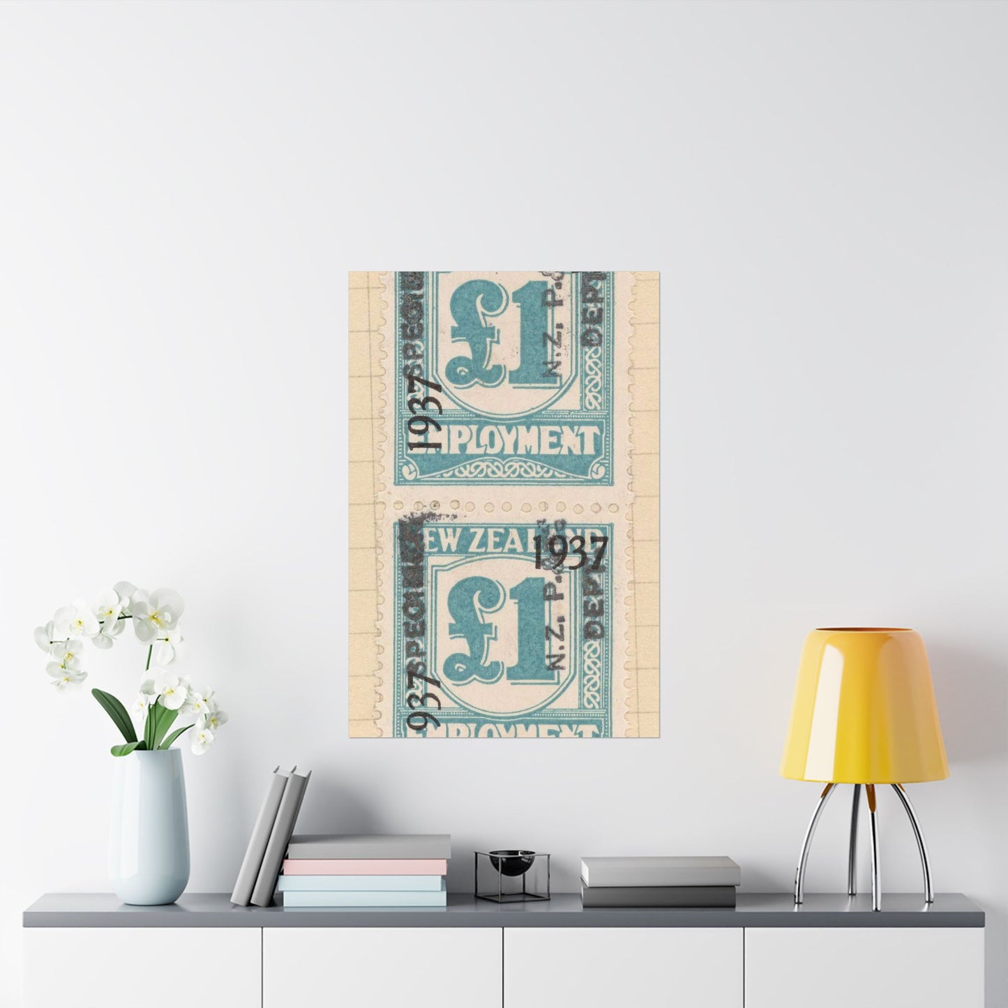 Block of one pound Unemployment Relief stamps overprinted '1937' and 'Specimen' High Quality Matte Wall Art Poster for Home, Office, Classroom