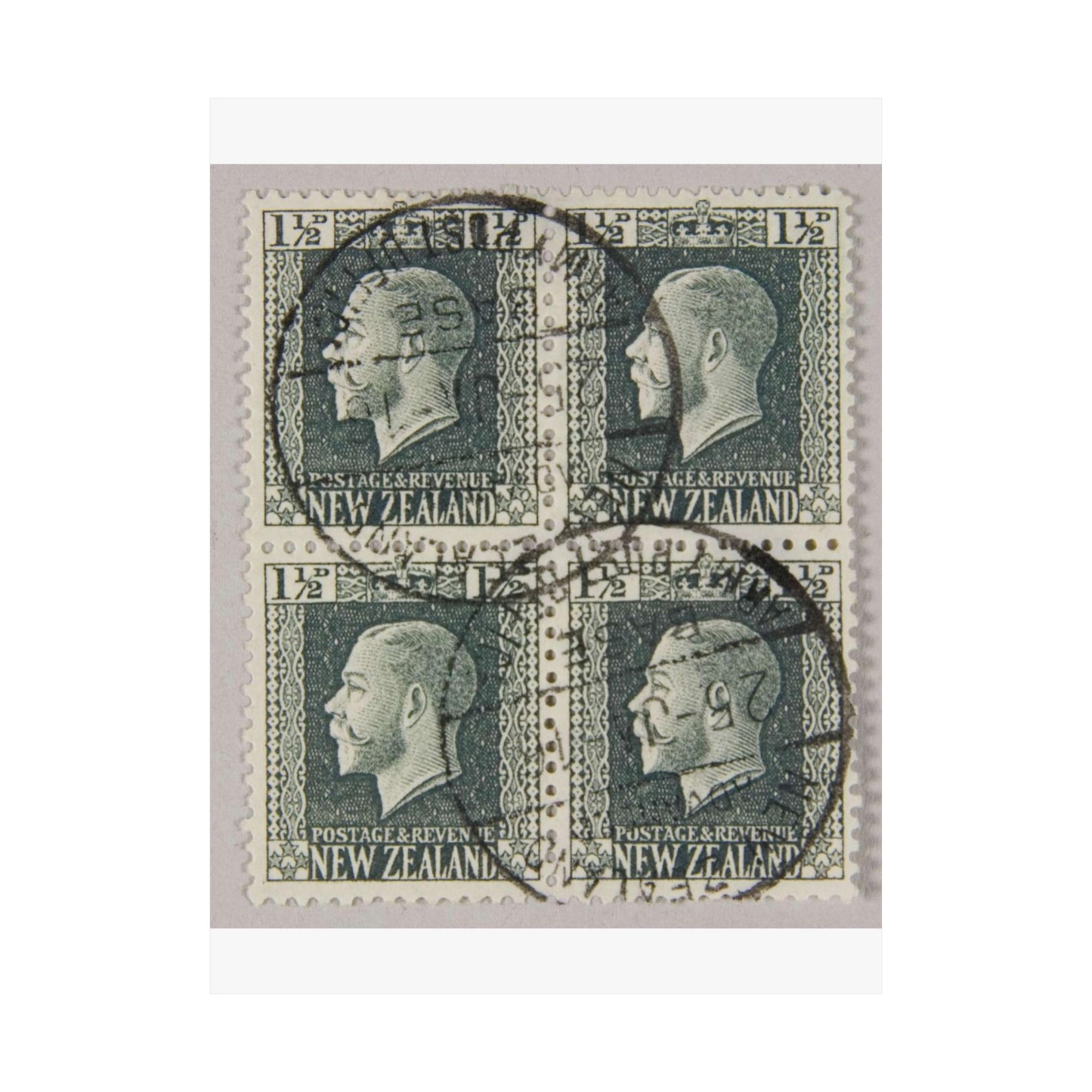 Block of one and a half penny 'King George V' definitive stamps in grey slate High Quality Matte Wall Art Poster for Home, Office, Classroom