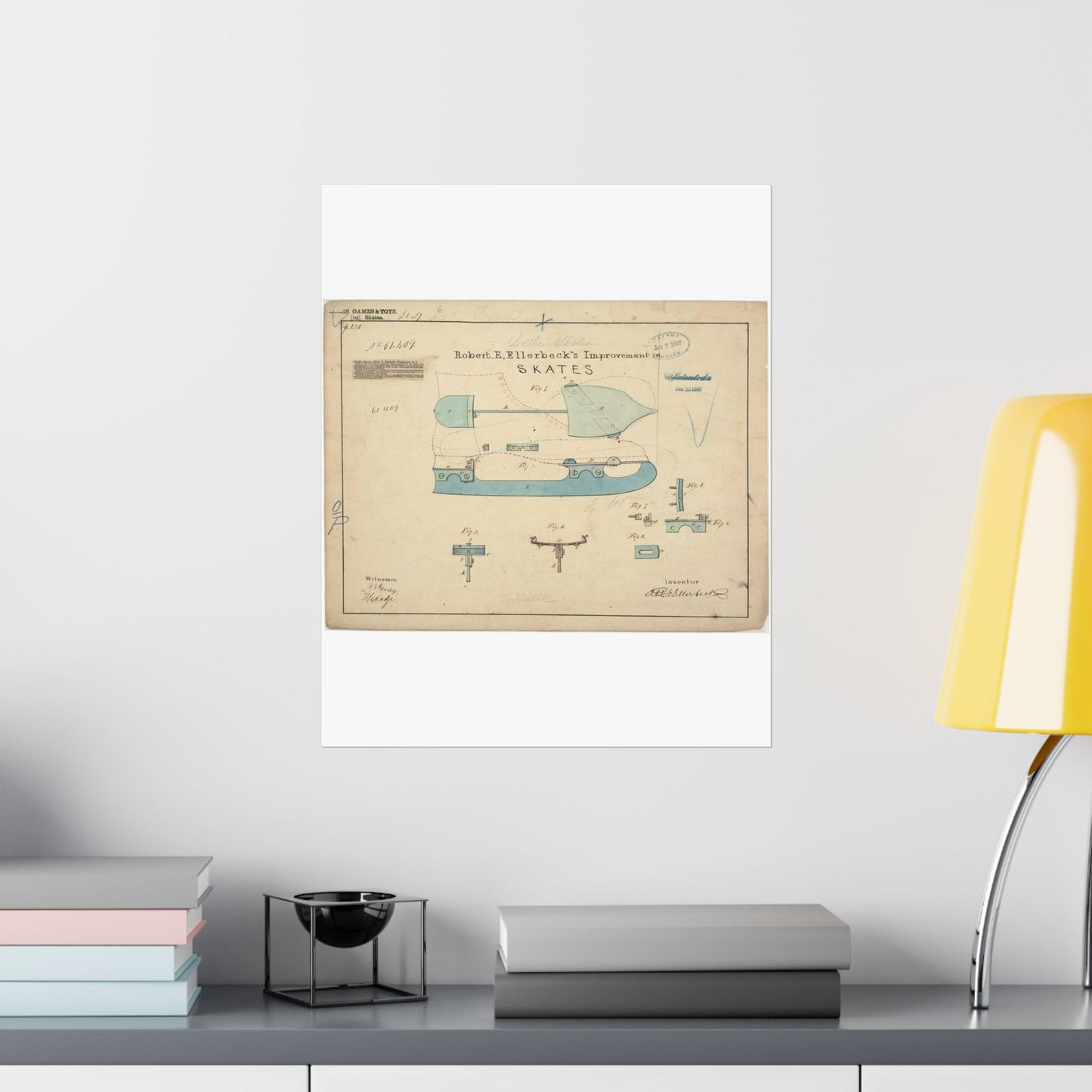 Patent drawing - Drawing of Improvement in Skates Public domain image High Quality Matte Wall Art Poster for Home, Office, Classroom