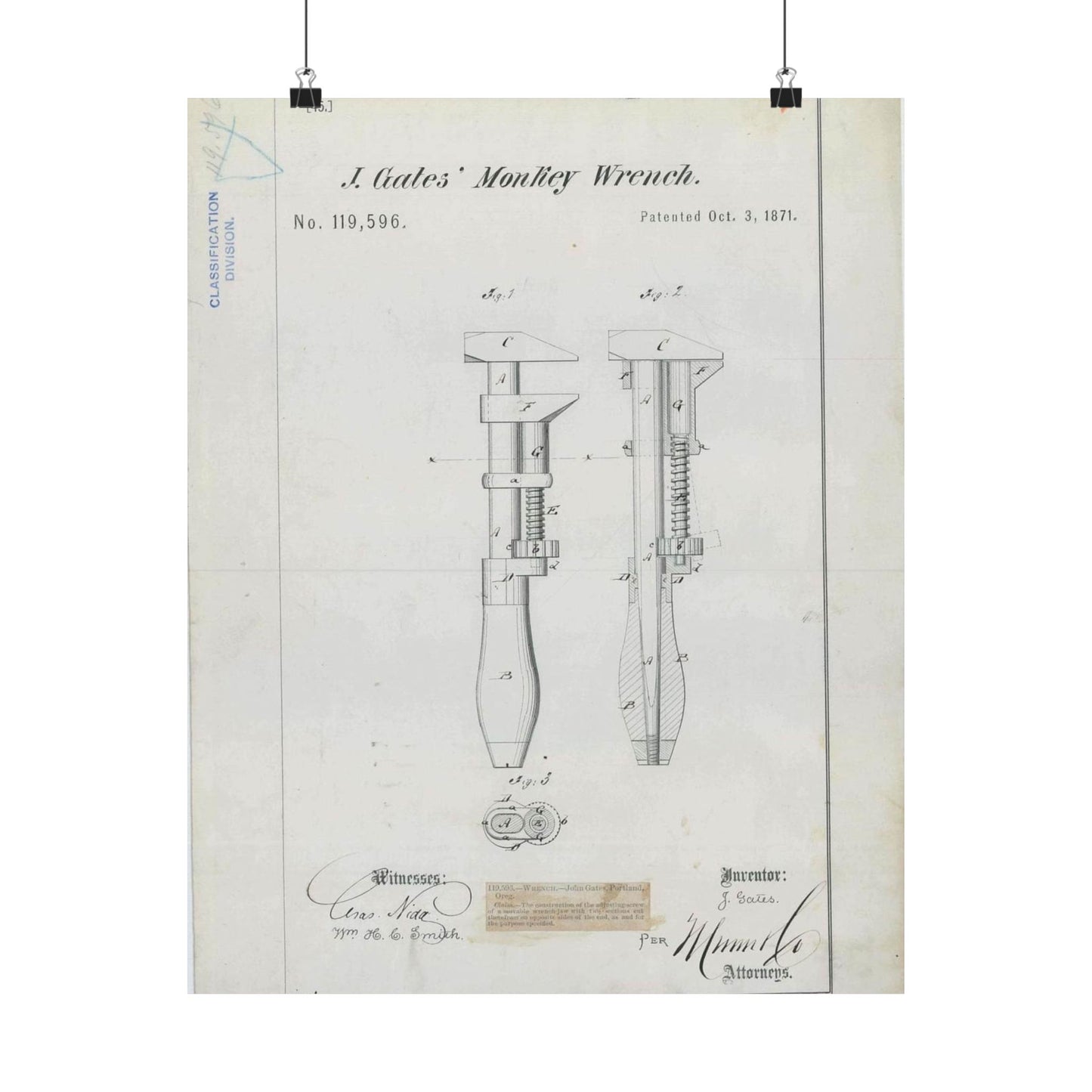 Patent Drawing of Engine - for J. Gates' Monkey Wrench Public domain image High Quality Matte Wall Art Poster for Home, Office, Classroom
