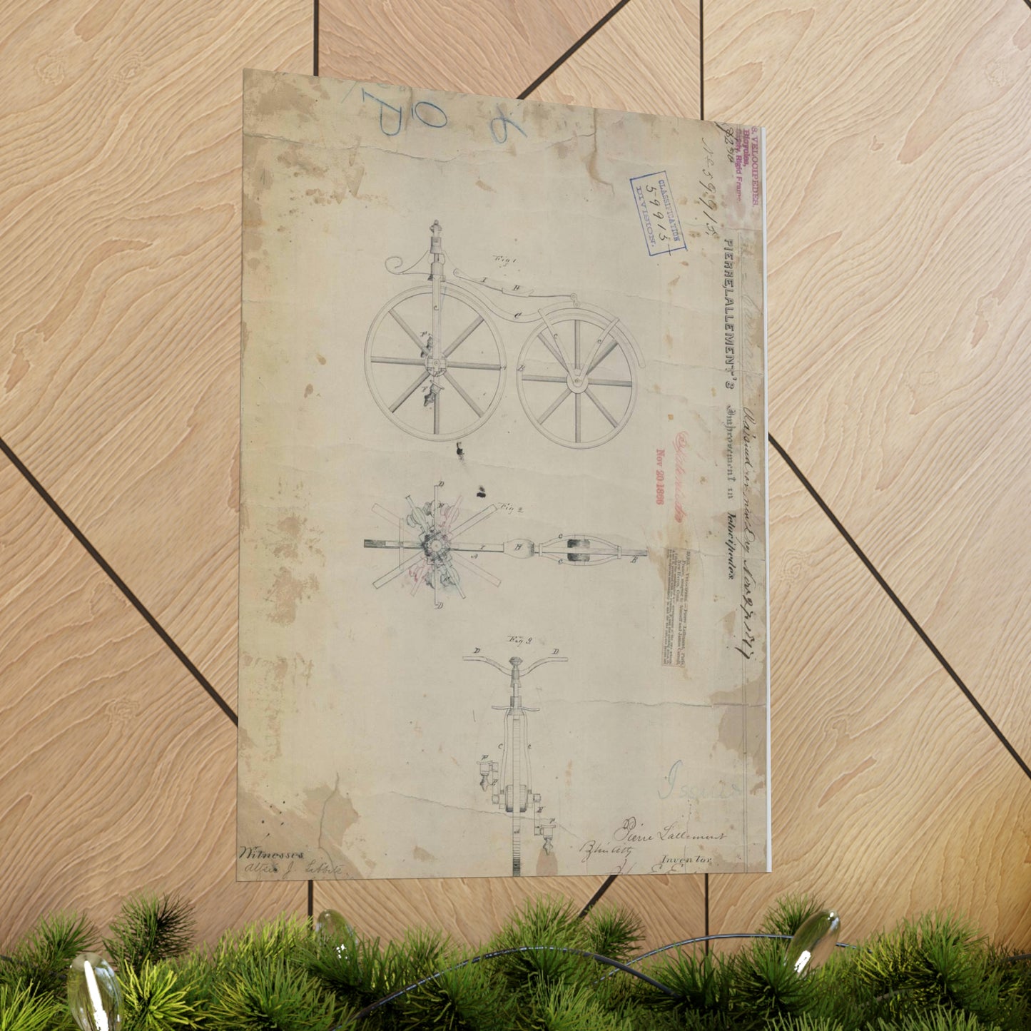 Patent drawing - for Pierre Lallement's Improvement in Velocipedes Public domain image High Quality Matte Wall Art Poster for Home, Office, Classroom