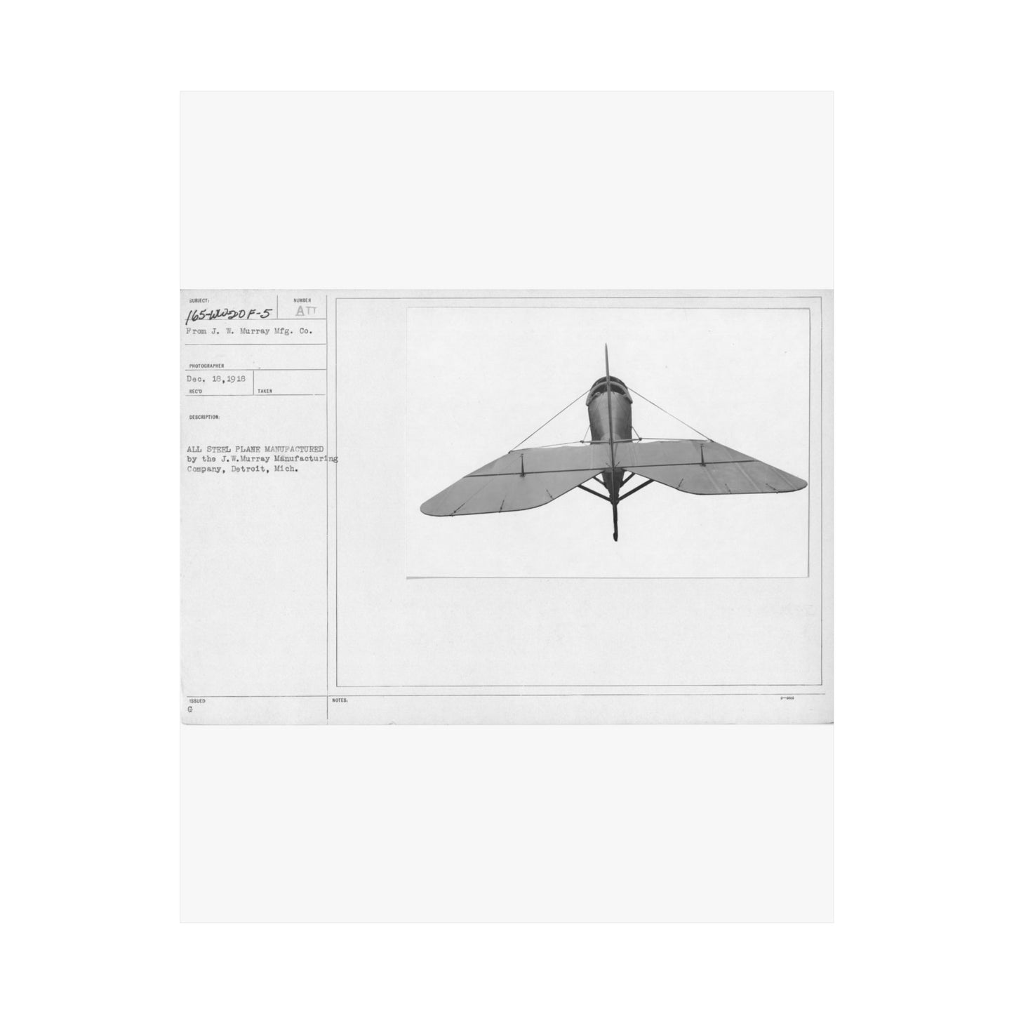 Patent drawing - Airplanes - Types - All steel manufactured by the J.W. Murray Manufacturing Company, Detroit, Michigan Public domain image High Quality Matte Wall Art Poster for Home, Office, Classroom