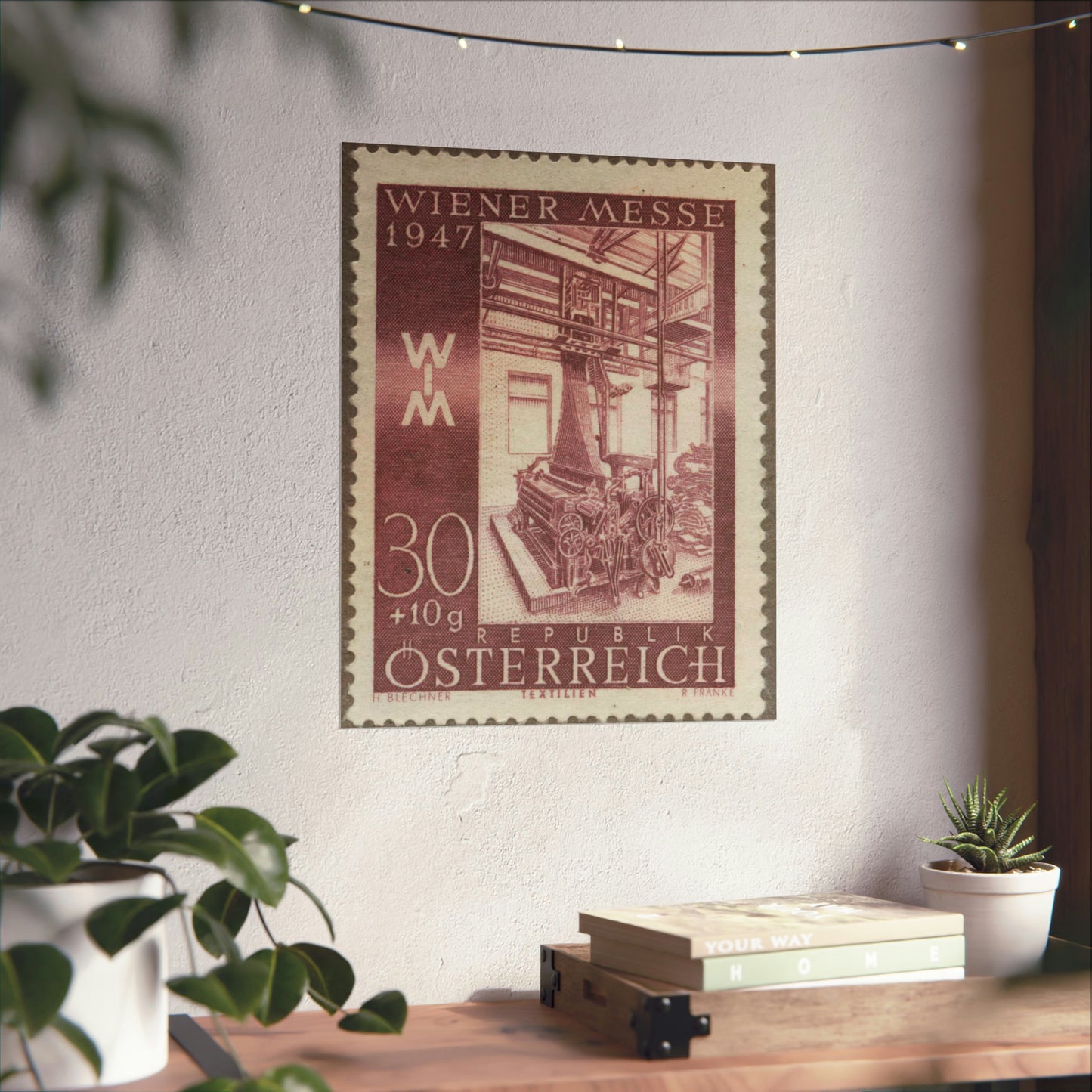 Frimärke ur Gösta Bodmans filatelistiska motivsamling, påbörjad 1950.Frimärke från Österrike, 1947. Motiv av jacquardvävstol i Österrike 1947. "Wienermässan 1947" High Quality Matte Wall Art Poster for Home, Office, Classroom