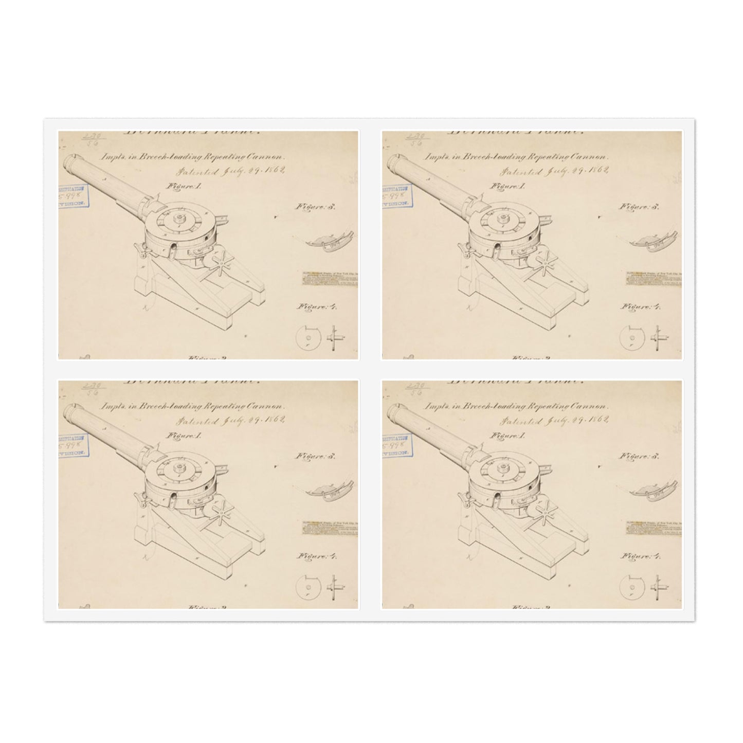 Patent drawing - Drawing of Improvements in Breech-Loading Repeating Cannon Public domain image Laminated UV Protective Vinyl Stickers