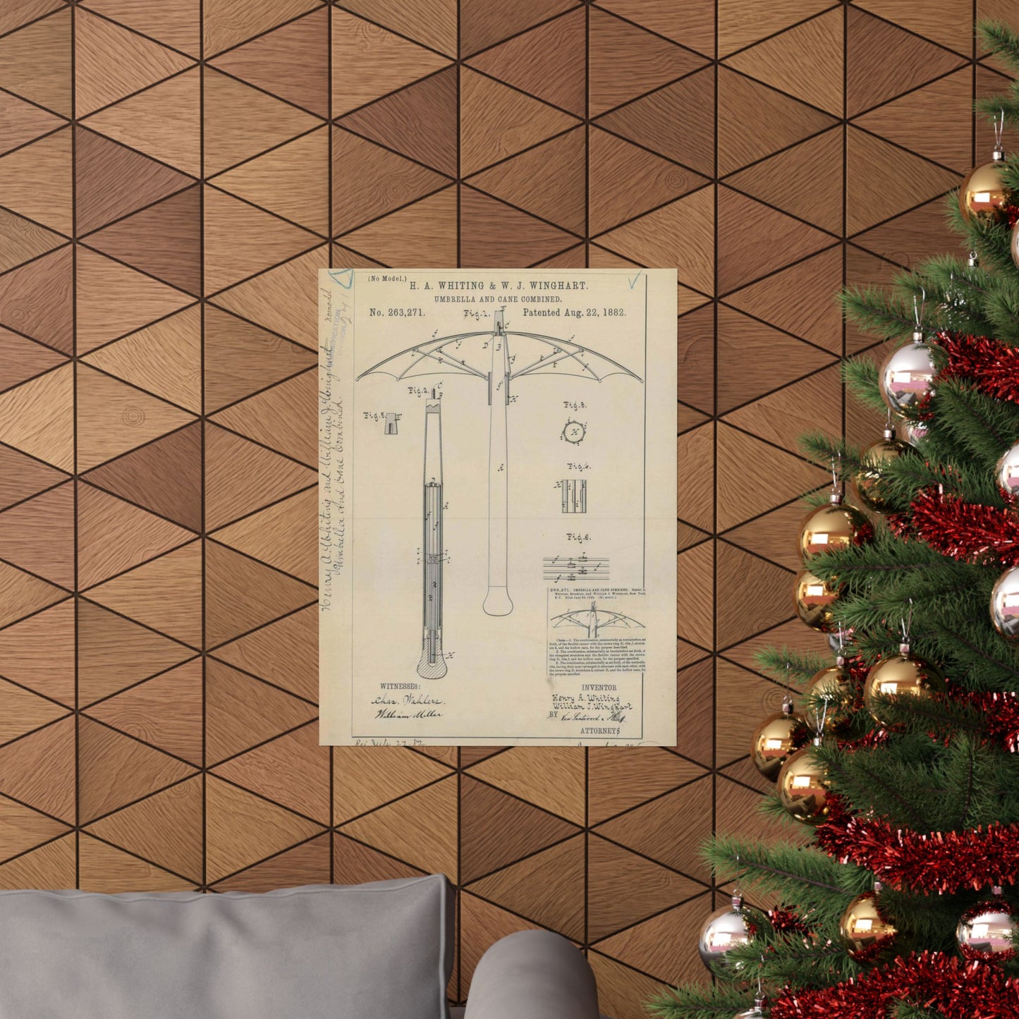 Patent drawing - for H. A. Whiting and W. J. Winghart's Umbrella and Cane Combined Public domain image High Quality Matte Wall Art Poster for Home, Office, Classroom