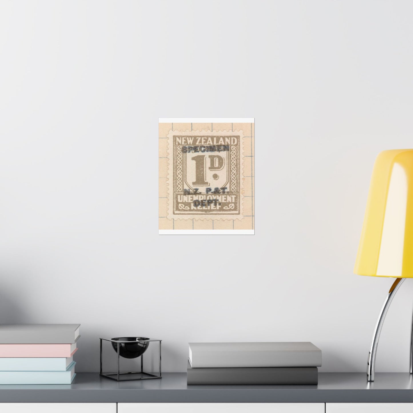 One penny Unemployment Relief stamp overprinted 'Specimen' High Quality Matte Wall Art Poster for Home, Office, Classroom