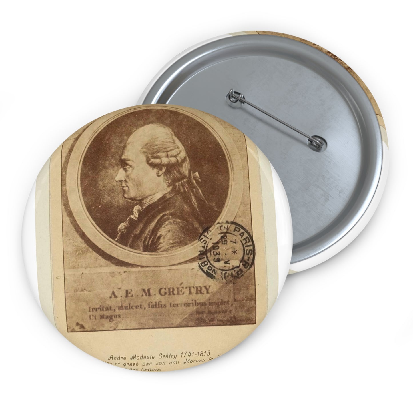 André Modeste Grétry 1741-1813 - Engraving, Public domain image Pin Buttons with Crisp Design
