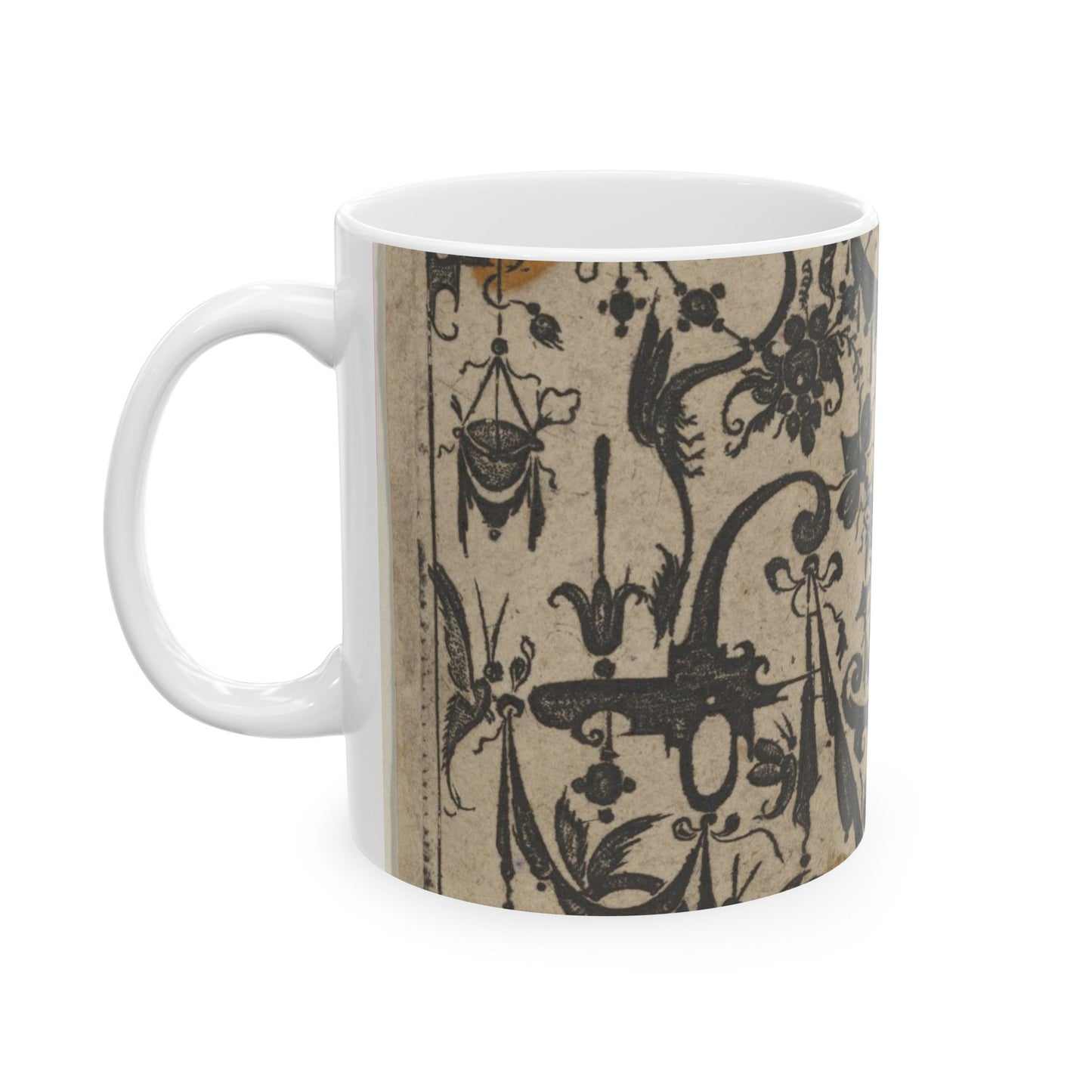 Blackwork Print with a Trophy at Center Surrounded by Grotesques and Swag Drapery Beautiful Novelty Ceramic Coffee Mug 11oz