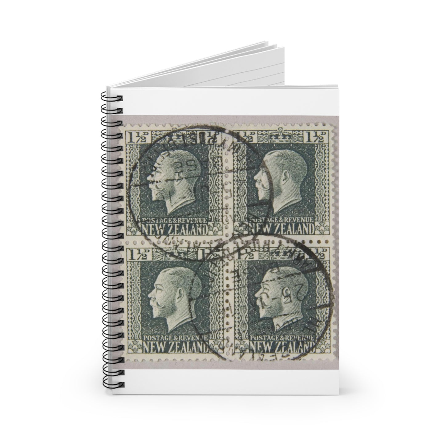 Block of one and a half penny 'King George V' definitive stamps in grey slate Spiral Bound Ruled Notebook with Printed Cover