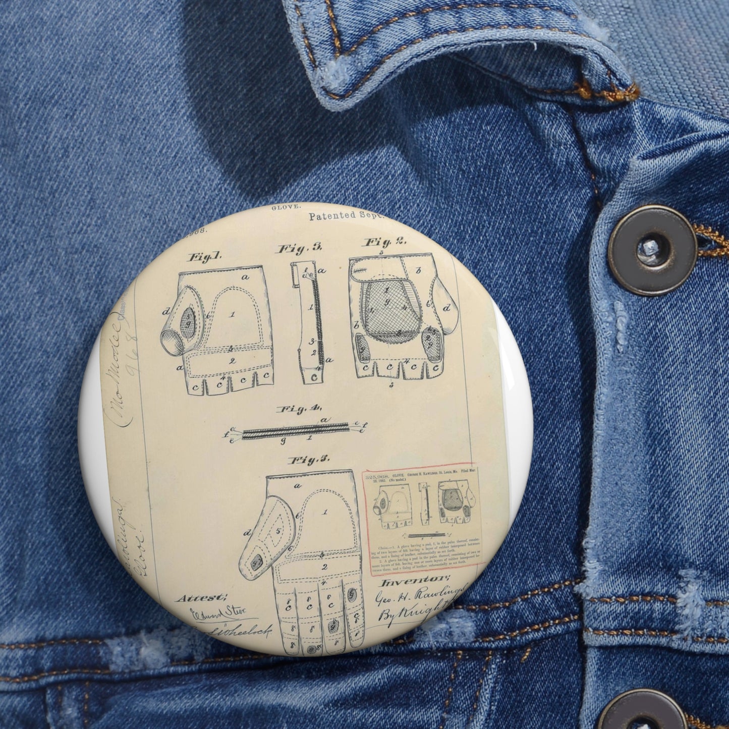 Patent drawing - Drawing for a "Base Ball Glove" Public domain image Pin Buttons with Crisp Design