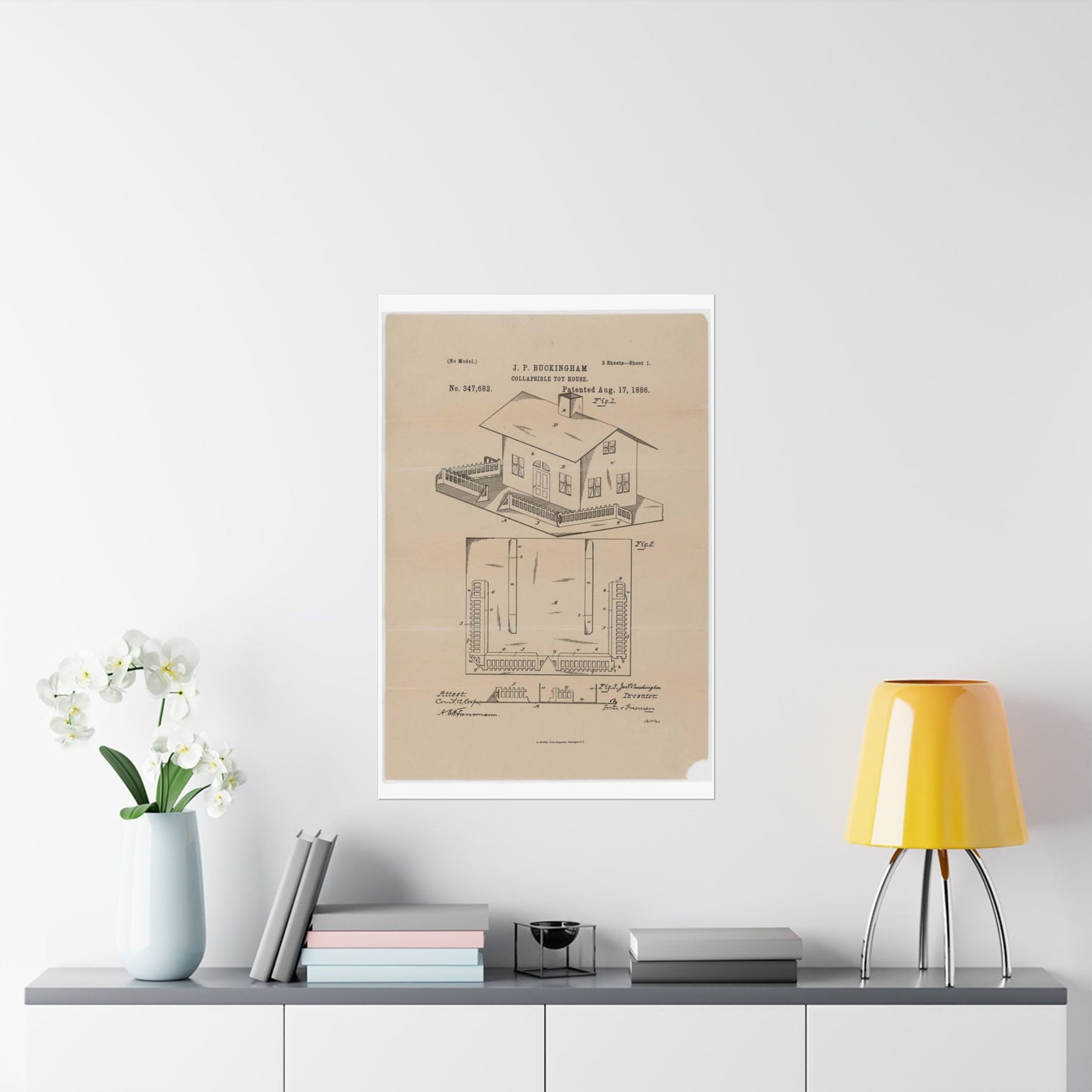 Patent Drawing of Engine - Drawing for a Collapsible Toy House Public domain image High Quality Matte Wall Art Poster for Home, Office, Classroom