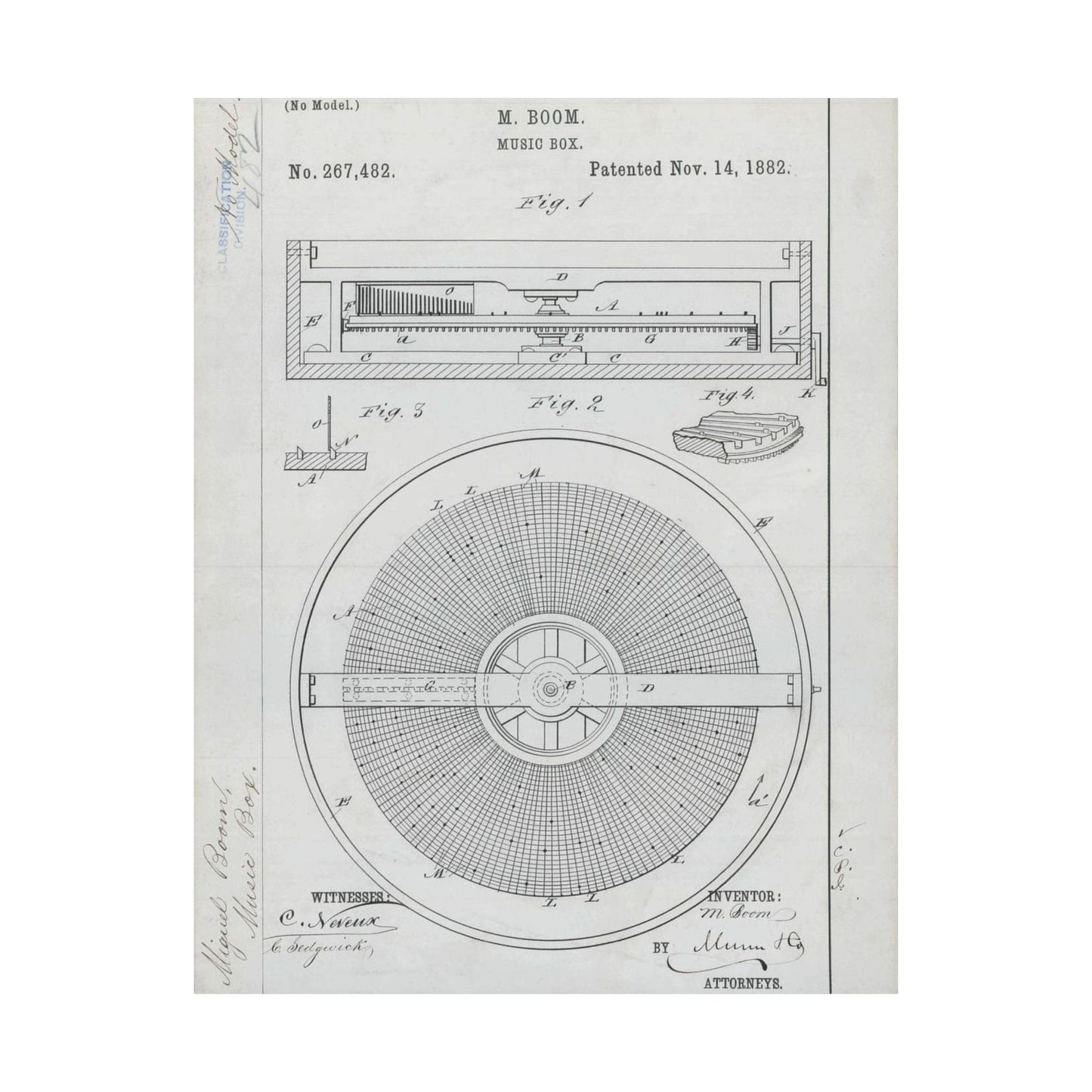 Patent Drawing of Engine - for M. Boom's Music Box Public domain image High Quality Matte Wall Art Poster for Home, Office, Classroom