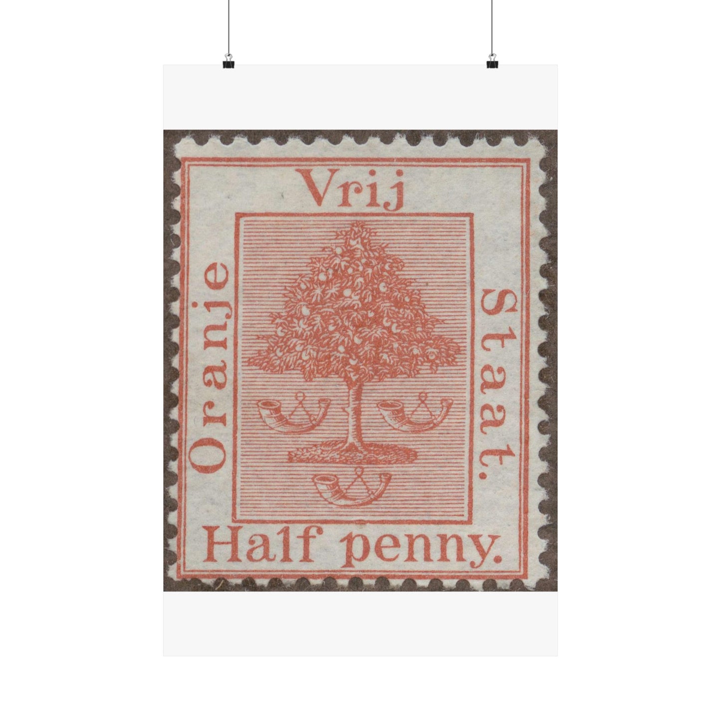 Frimärke ur Gösta Bodmans filatelistiska motivsamling, påbörjad 1950.Frimärke från Oranje -Fristaten. Motiv av apelsinträd med frukter och posthorn. High Quality Matte Wall Art Poster for Home, Office, Classroom