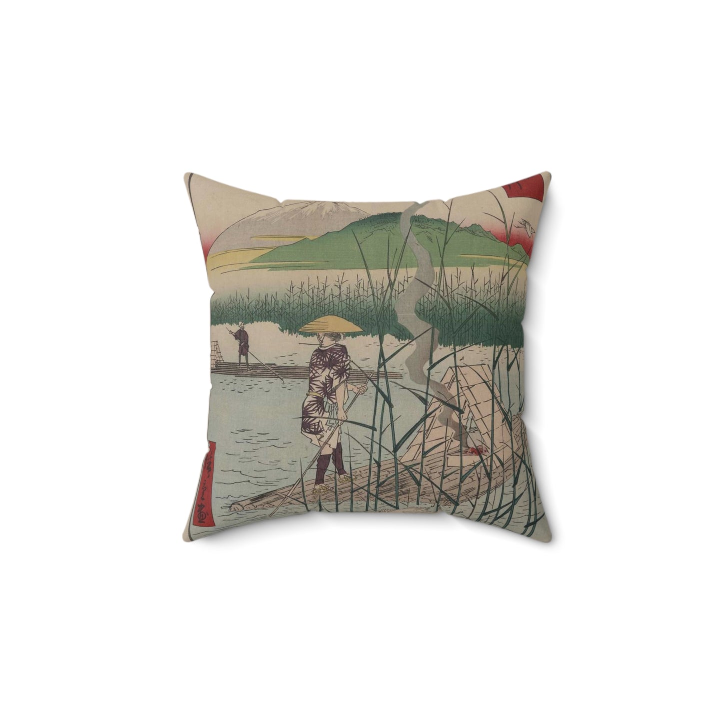 18 - The Sagami River - A painting of a man standing on a boat in a body of water Decorative Accent Square Pillow