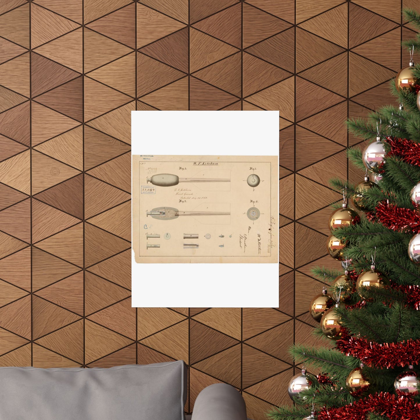 Patent Drawing of Engine - Drawing of Hand Grenade Public domain image High Quality Matte Wall Art Poster for Home, Office, Classroom