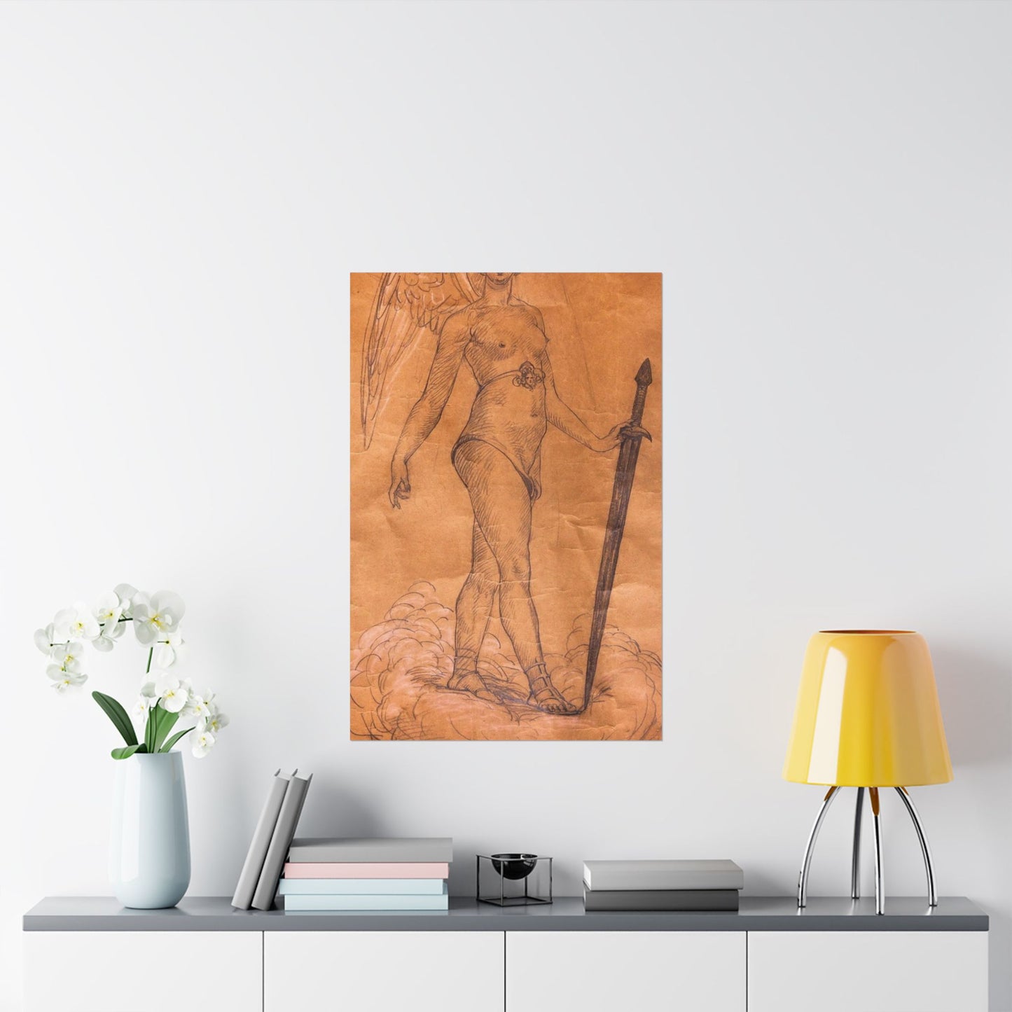 A drawing of an angel holding a sword. Woman breasts sword, beauty fashion. High Quality Matte Wall Art Poster for Home, Office, Classroom