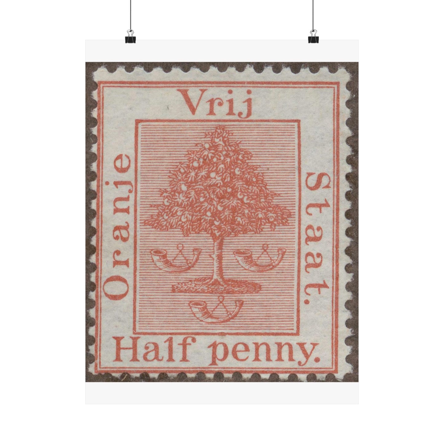 Frimärke ur Gösta Bodmans filatelistiska motivsamling, påbörjad 1950.Frimärke från Oranje -Fristaten. Motiv av apelsinträd med frukter och posthorn. High Quality Matte Wall Art Poster for Home, Office, Classroom