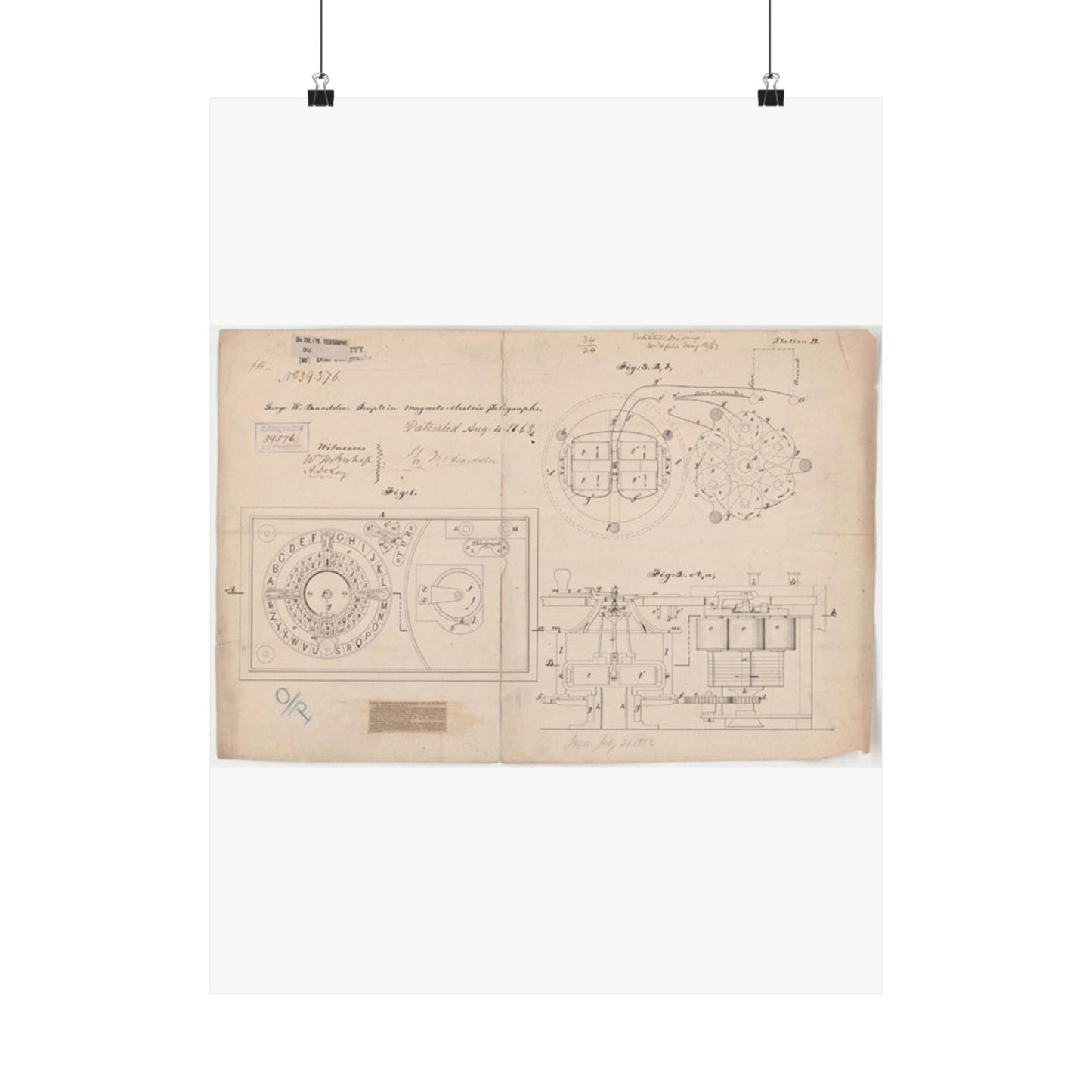 Patent drawing - Drawing of Improvements in Magneto-electric Telegraphs Public domain image High Quality Matte Wall Art Poster for Home, Office, Classroom