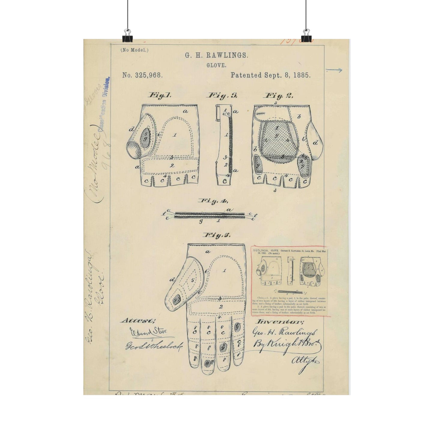 Patent drawing - Drawing for a "Base Ball Glove" Public domain image High Quality Matte Wall Art Poster for Home, Office, Classroom