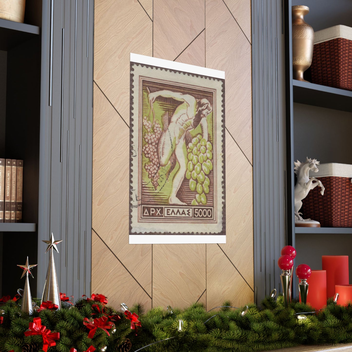 Frimärke ur Gösta Bodmans filatelistiska motivsamling, påbörjad 1950.Frimärke från Grekland, 1953. Motiv av Bacchus med vindruvsklasar. High Quality Matte Wall Art Poster for Home, Office, Classroom