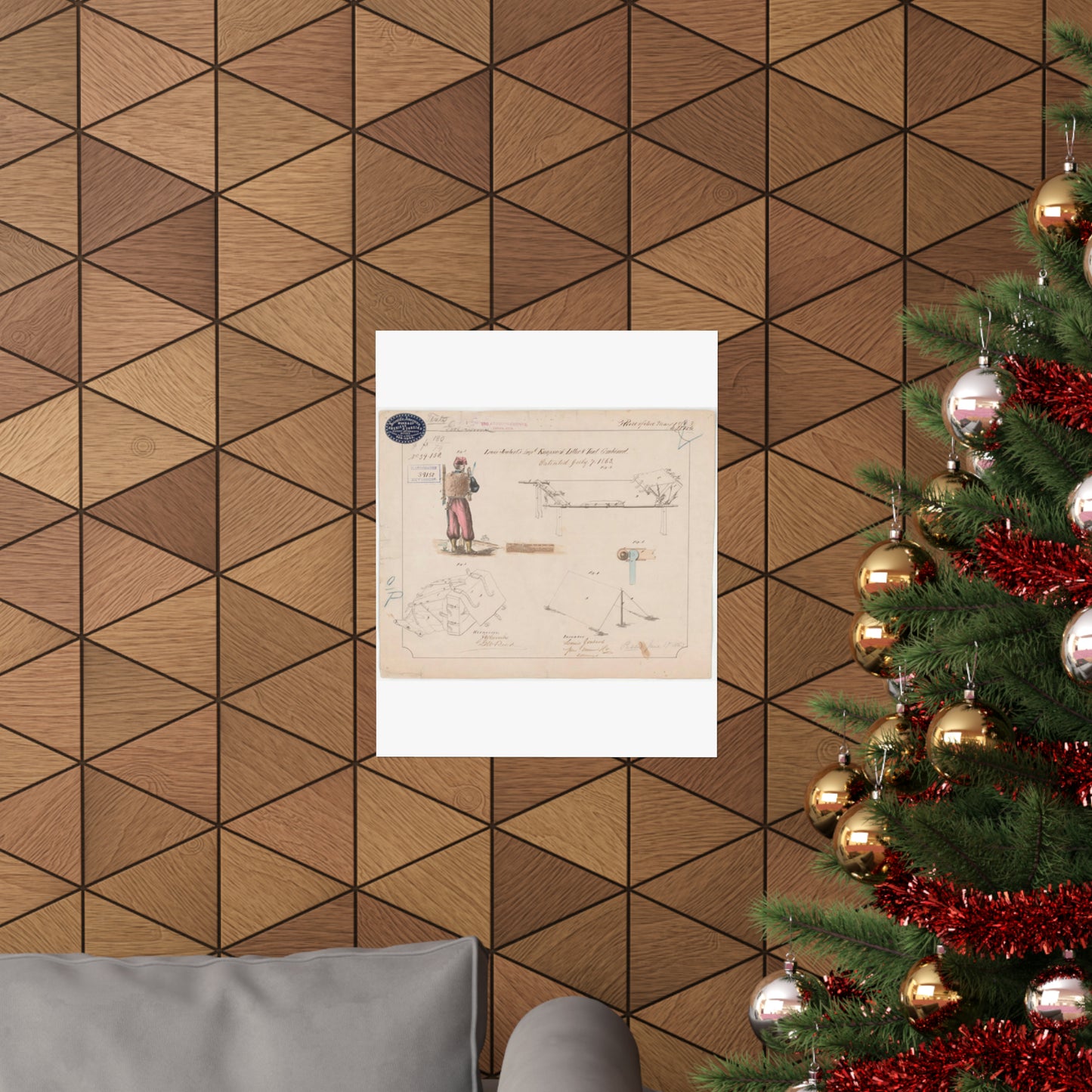 Patent drawing - Drawing of Improved Knapsack, Litter and Tent Combined Public domain image High Quality Matte Wall Art Poster for Home, Office, Classroom