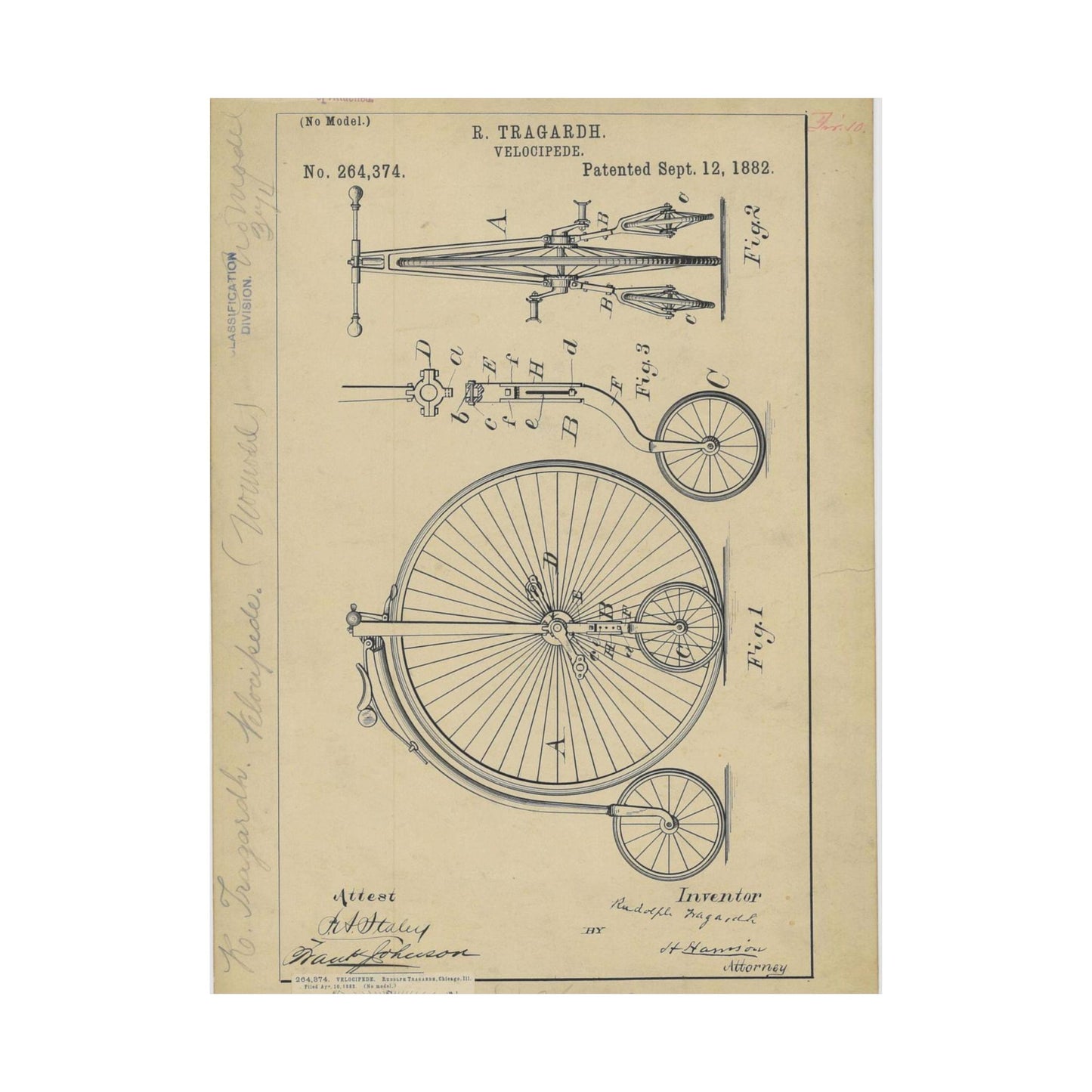 Patent drawing - Drawing of a Velocipede Public domain image High Quality Matte Wall Art Poster for Home, Office, Classroom