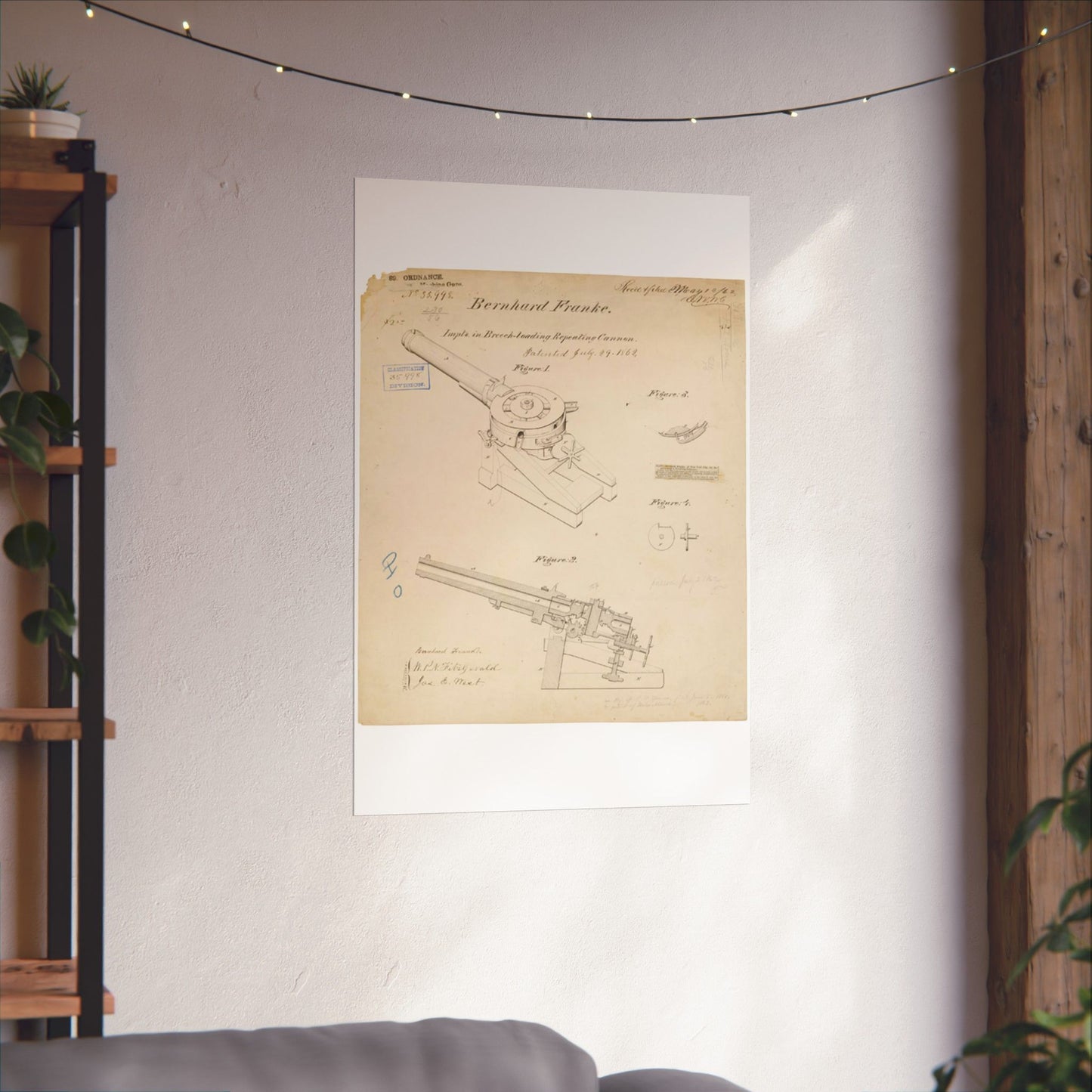Patent drawing - Drawing of Improvements in Breech-Loading Repeating Cannon Public domain image High Quality Matte Wall Art Poster for Home, Office, Classroom