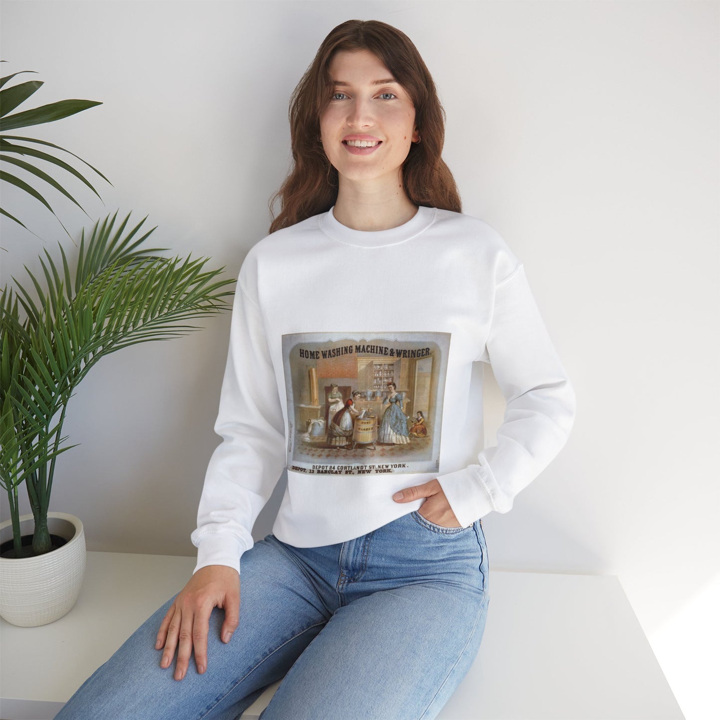Home washing machine & wringer - A painting of a woman washing a child in a kitchen White Heavy Blend Adult Crew Neck SweatShirt