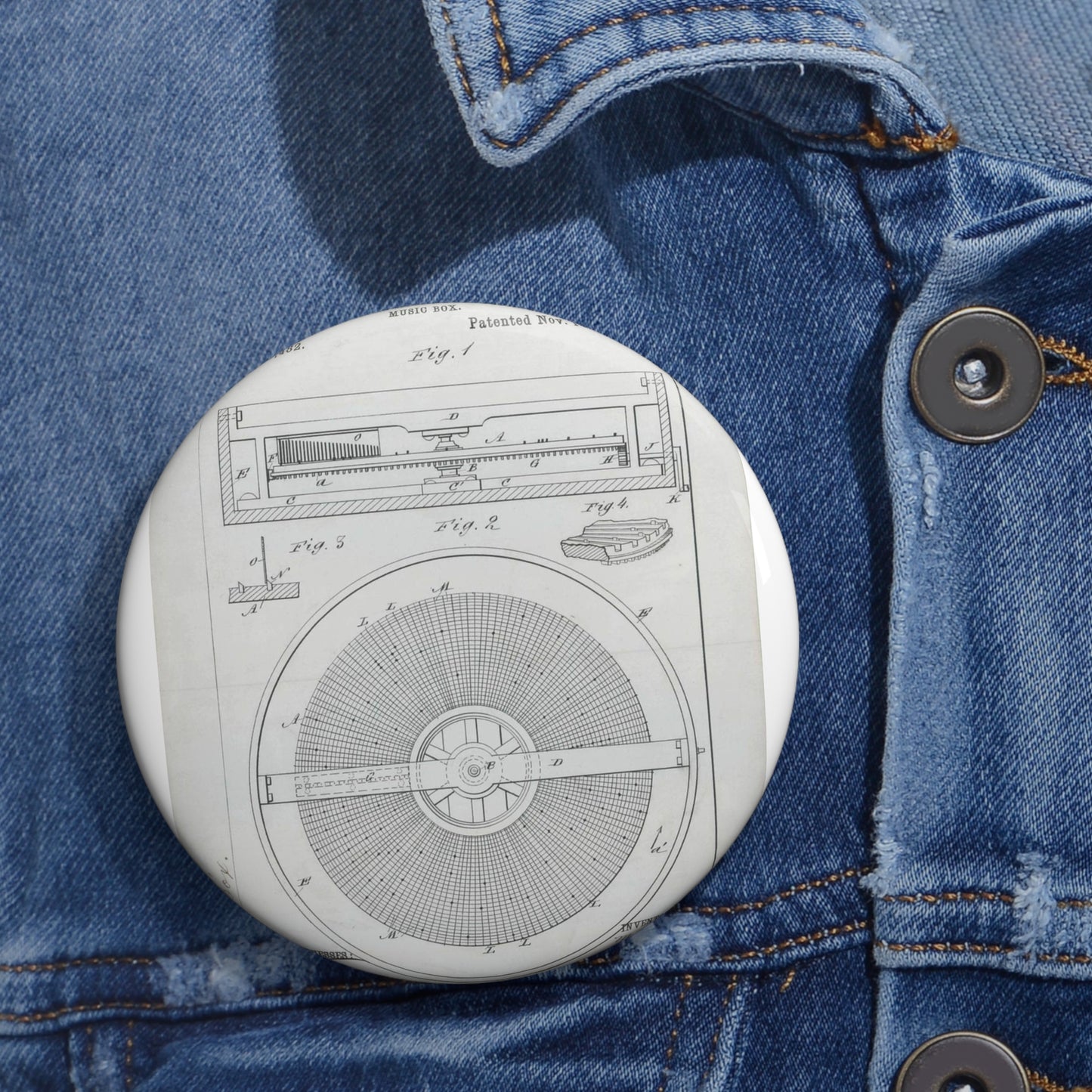 Patent Drawing of Engine - for M. Boom's Music Box Public domain image Pin Buttons with Crisp Design