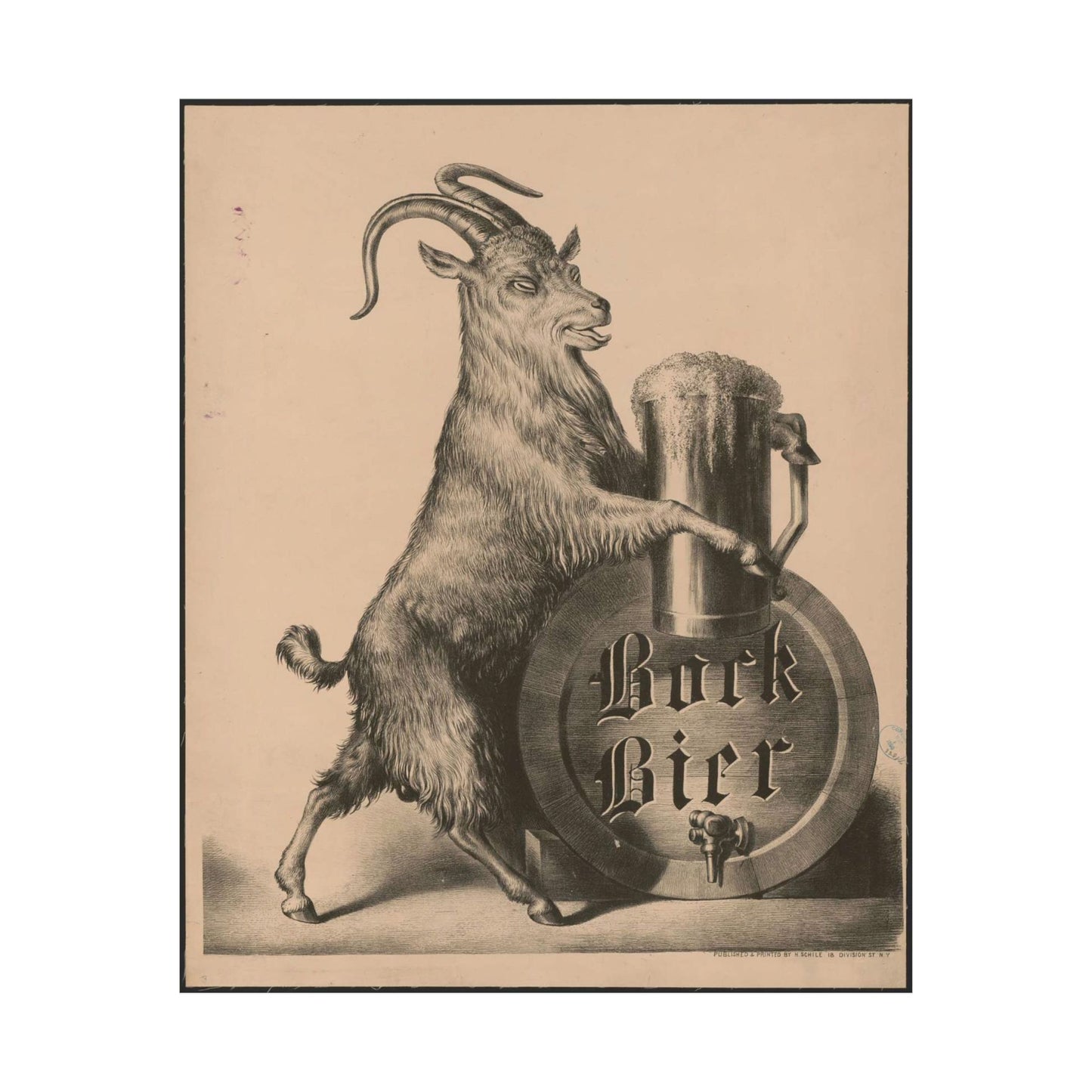 Bock Bier goat on hind legs, holding large mug of beer with front hooves High Quality Matte Wall Art Poster for Home, Office, Classroom