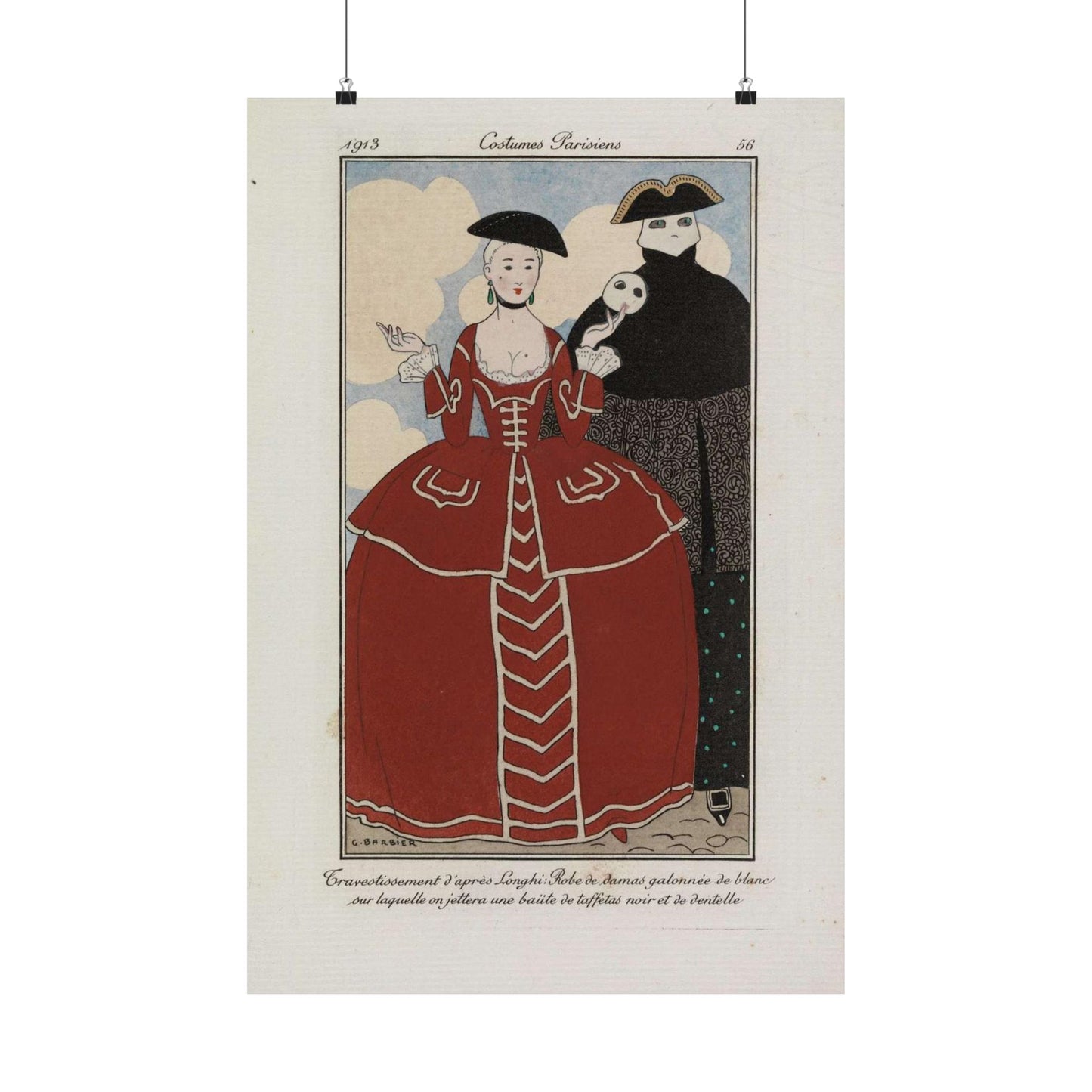 Fancy dress (Travestissement d'aprés Longhi - Robe de damas galonnée de blanc sur laquelle on jettera une baiite de taffetas noir et de dentelle) (CBL WEp 0847) High Quality Matte Wall Art Poster for Home, Office, Classroom