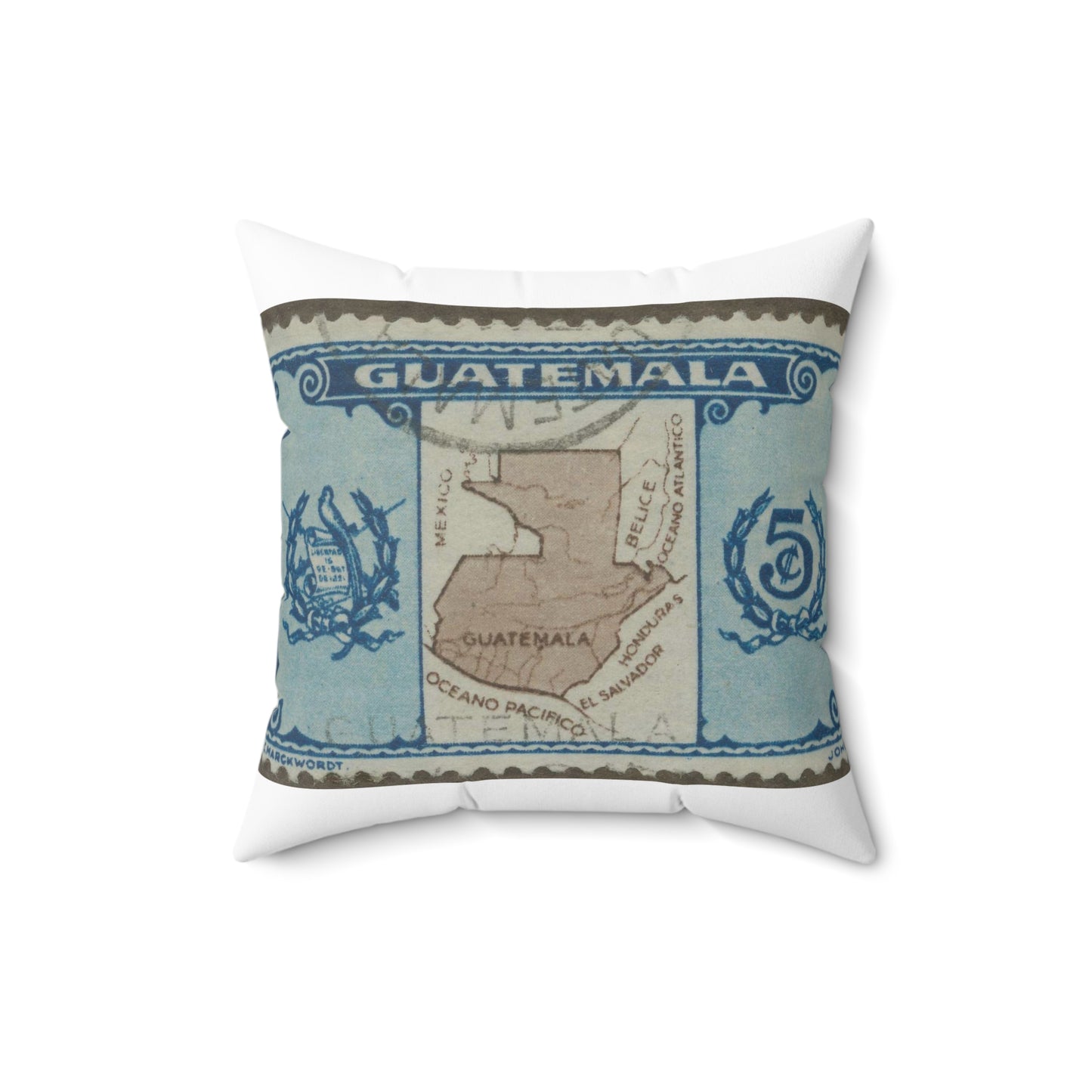 Frimärke ur Gösta Bodmans filatelistiska motivsamling, påbörjad 1950.Frimärke från Guatemala, 1939. Motiv av karta över Guatemala. Decorative Accent Square Pillow