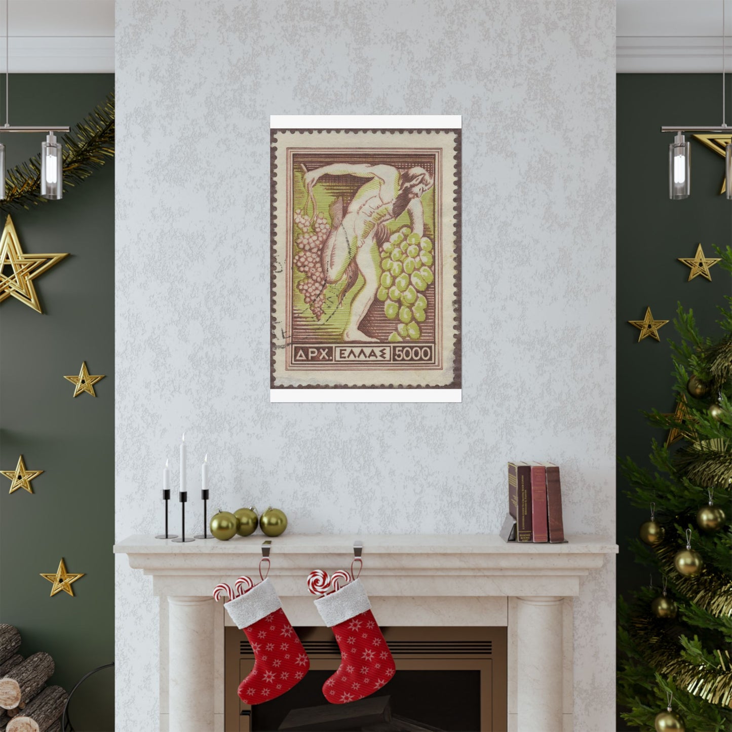 Frimärke ur Gösta Bodmans filatelistiska motivsamling, påbörjad 1950.Frimärke från Grekland, 1953. Motiv av Bacchus med vindruvsklasar. High Quality Matte Wall Art Poster for Home, Office, Classroom