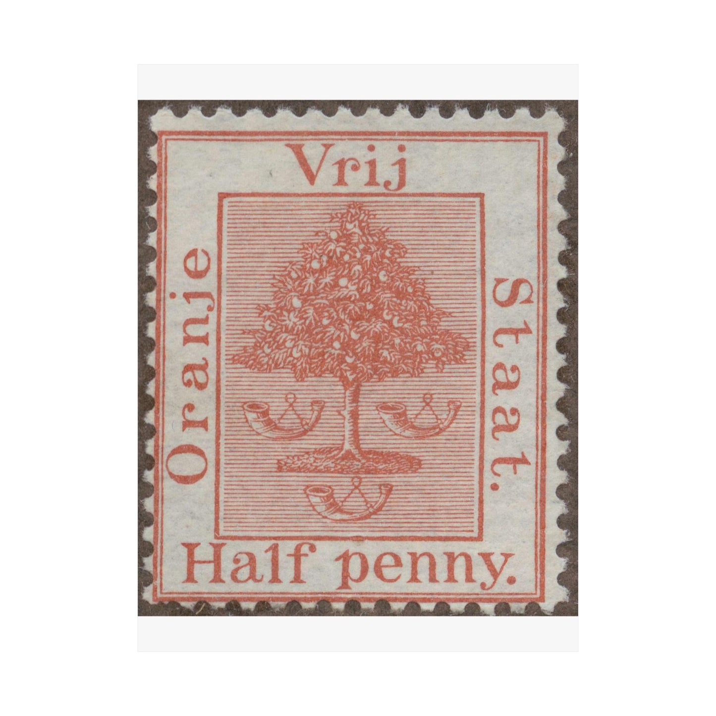 Frimärke ur Gösta Bodmans filatelistiska motivsamling, påbörjad 1950.Frimärke från Oranje -Fristaten. Motiv av apelsinträd med frukter och posthorn. High Quality Matte Wall Art Poster for Home, Office, Classroom