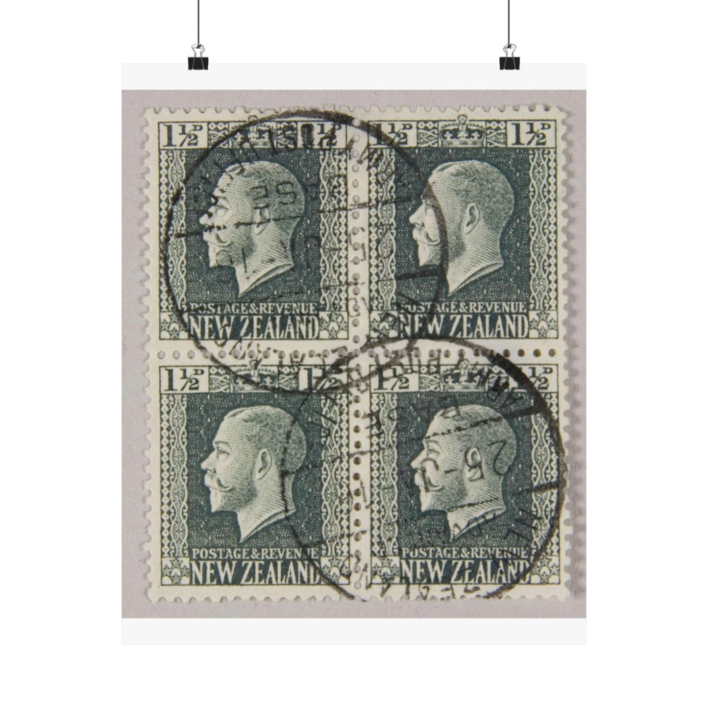 Block of one and a half penny 'King George V' definitive stamps in grey slate High Quality Matte Wall Art Poster for Home, Office, Classroom