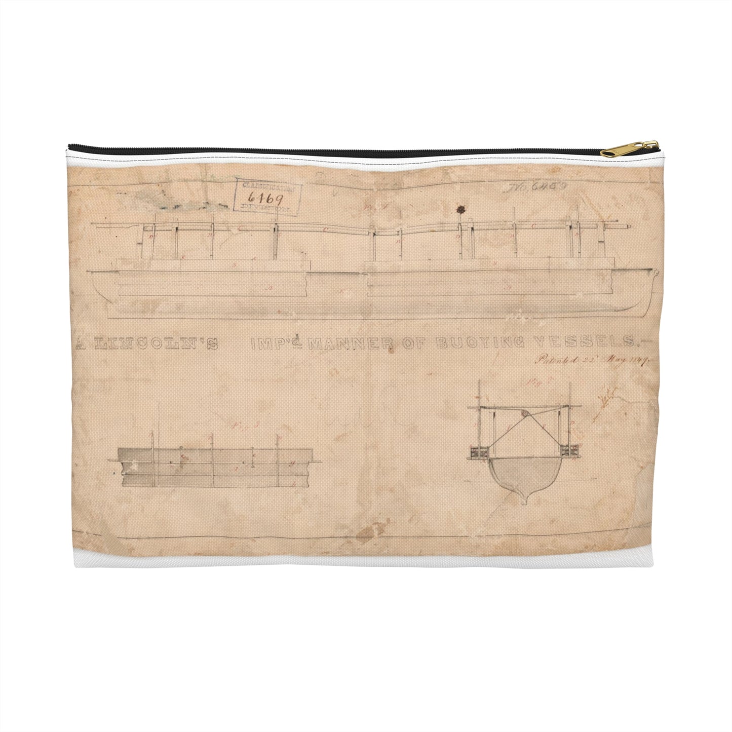 Patent drawing - Abraham Lincoln's for Improved Manner of Buoying Vessels Public domain image Large Organizer Pouch with Black Zipper