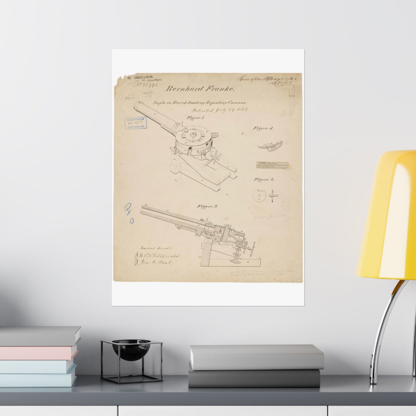 Patent drawing - Drawing of Improvements in Breech-Loading Repeating Cannon Public domain image High Quality Matte Wall Art Poster for Home, Office, Classroom