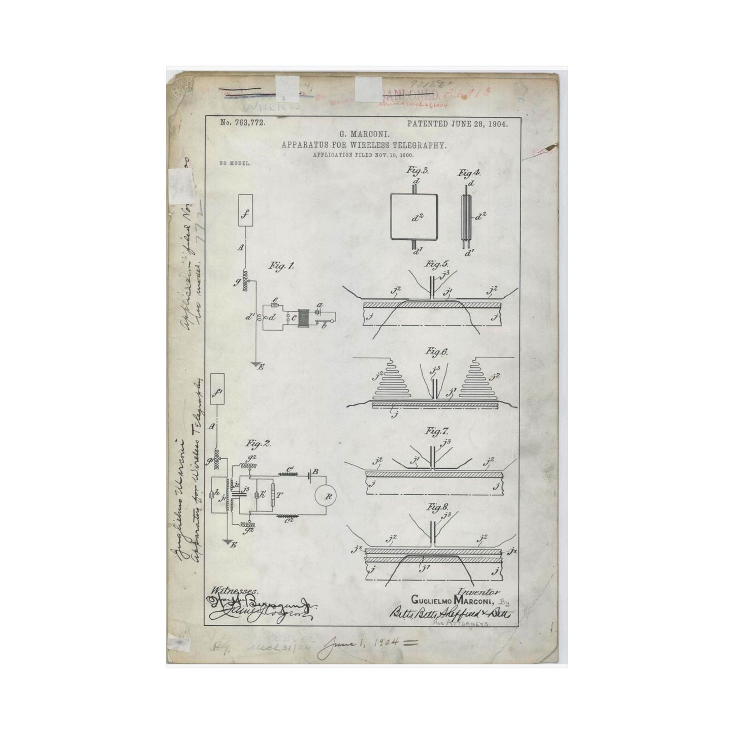 Patent drawing - for G. Marconi's Apparatus for Wireless Telegraphy Public domain image High Quality Matte Wall Art Poster for Home, Office, Classroom