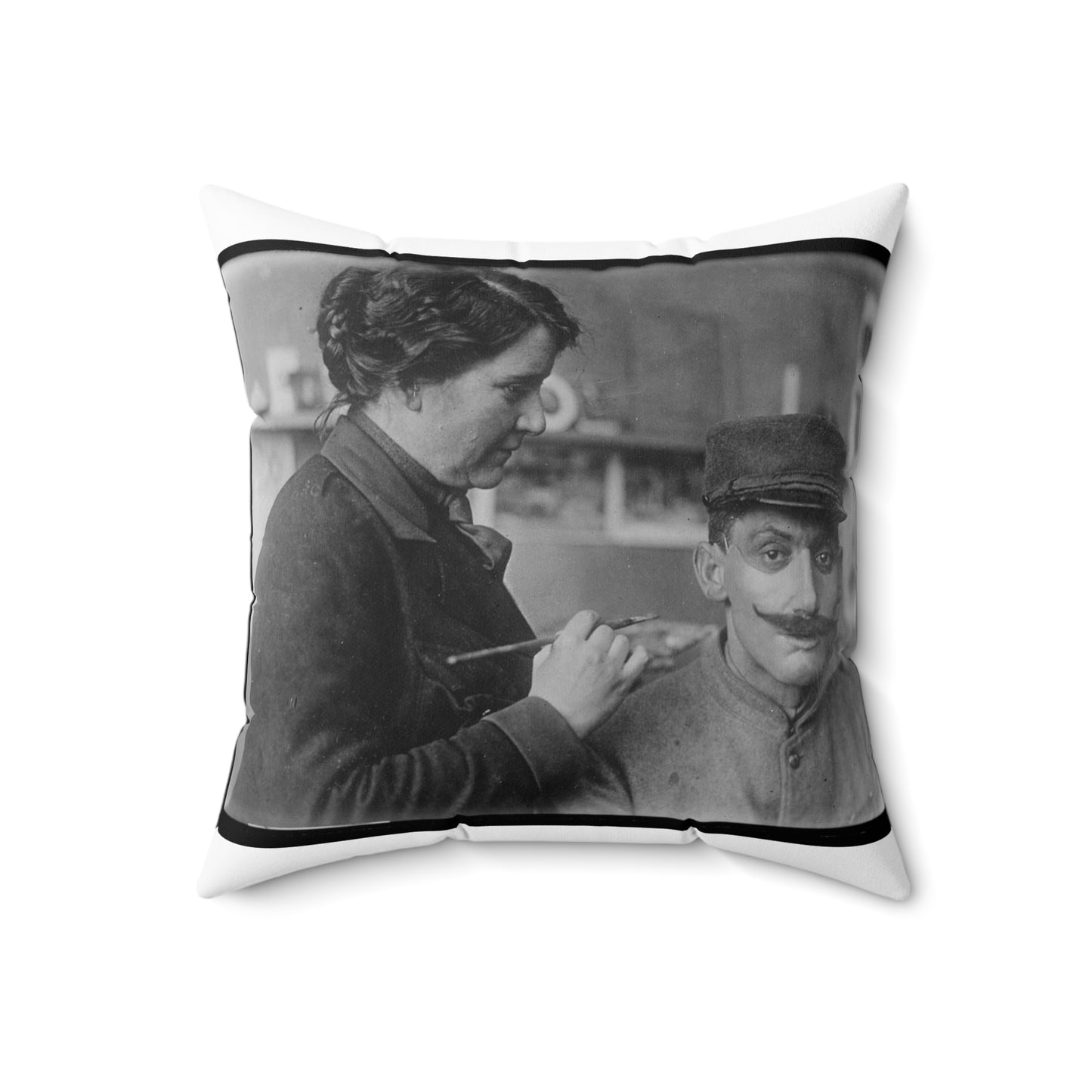 Mrs. Anna Coleman Ladd and Mr Caudron. Mrs. A. Coleman Ladd working on portrait mask Decorative Accent Square Pillow