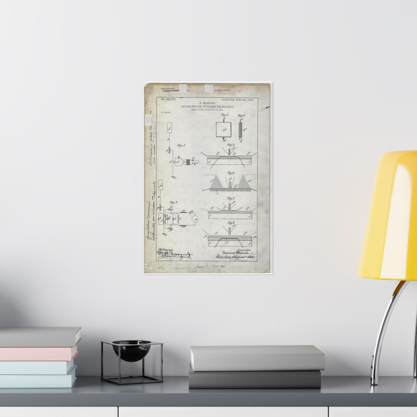 Patent drawing - for G. Marconi's Apparatus for Wireless Telegraphy Public domain image High Quality Matte Wall Art Poster for Home, Office, Classroom
