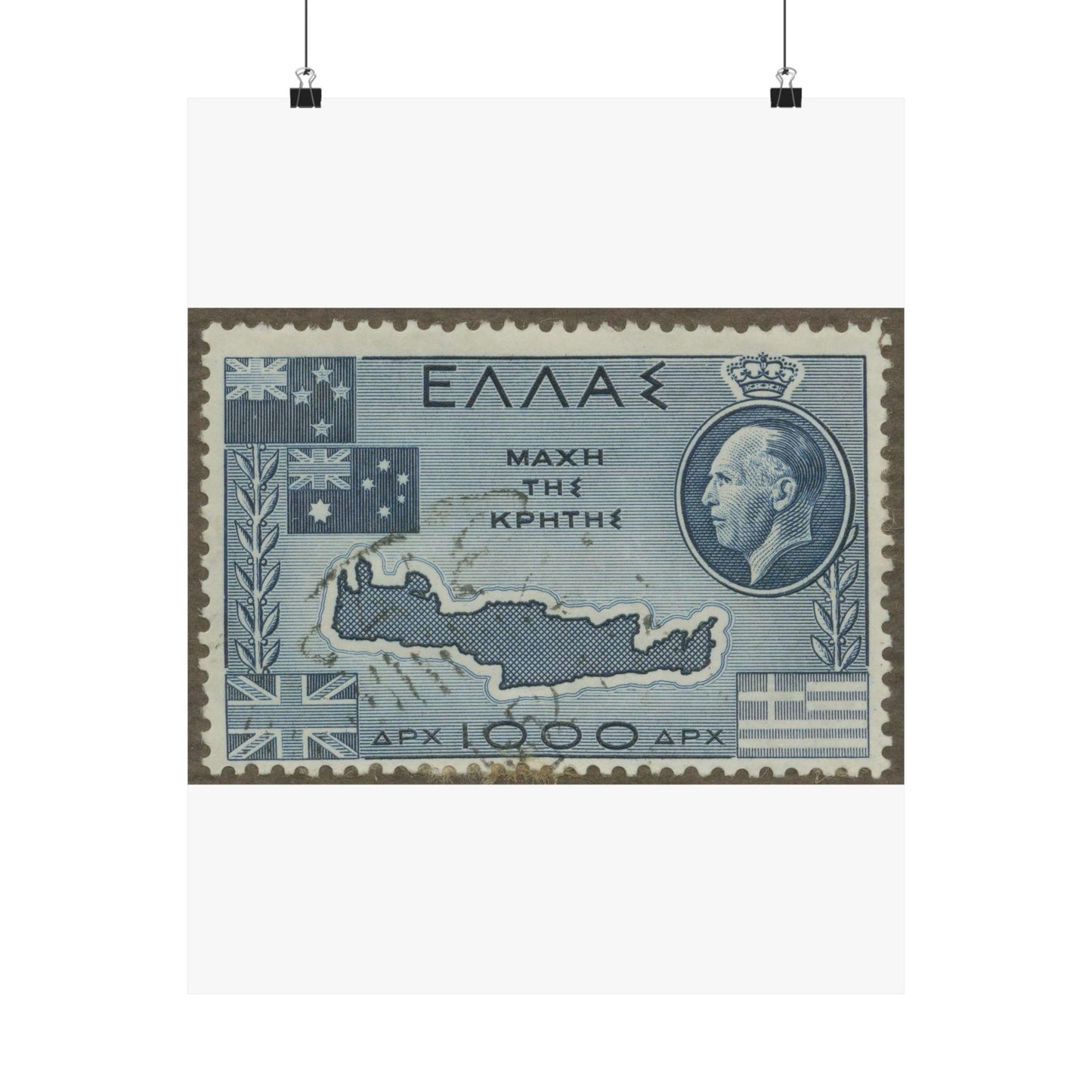 Frimärke ur Gösta Bodmans filatelistiska motivsamling, påbörjad 1950.Frimärke från Grekland, 1950. Motiv av karta över Kreta. "9-årsminne av slaget vid Kreta 1941". High Quality Matte Wall Art Poster for Home, Office, Classroom