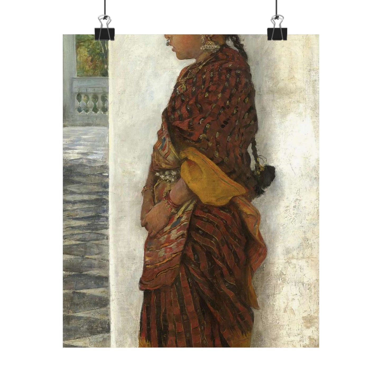 Hermann Linde - Girl standing in a veranda wearing a Pochampalli sari (ca.1895) High Quality Matte Wall Art Poster for Home, Office, Classroom