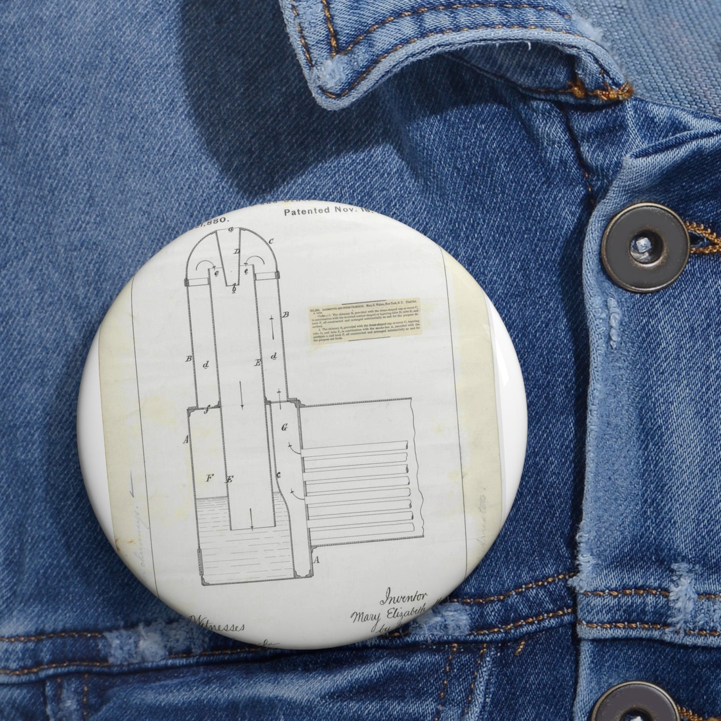 Patent Drawing of Engine - for M. E. Walton's Locomotive and Other Chimneys Public domain image Pin Buttons with Crisp Design