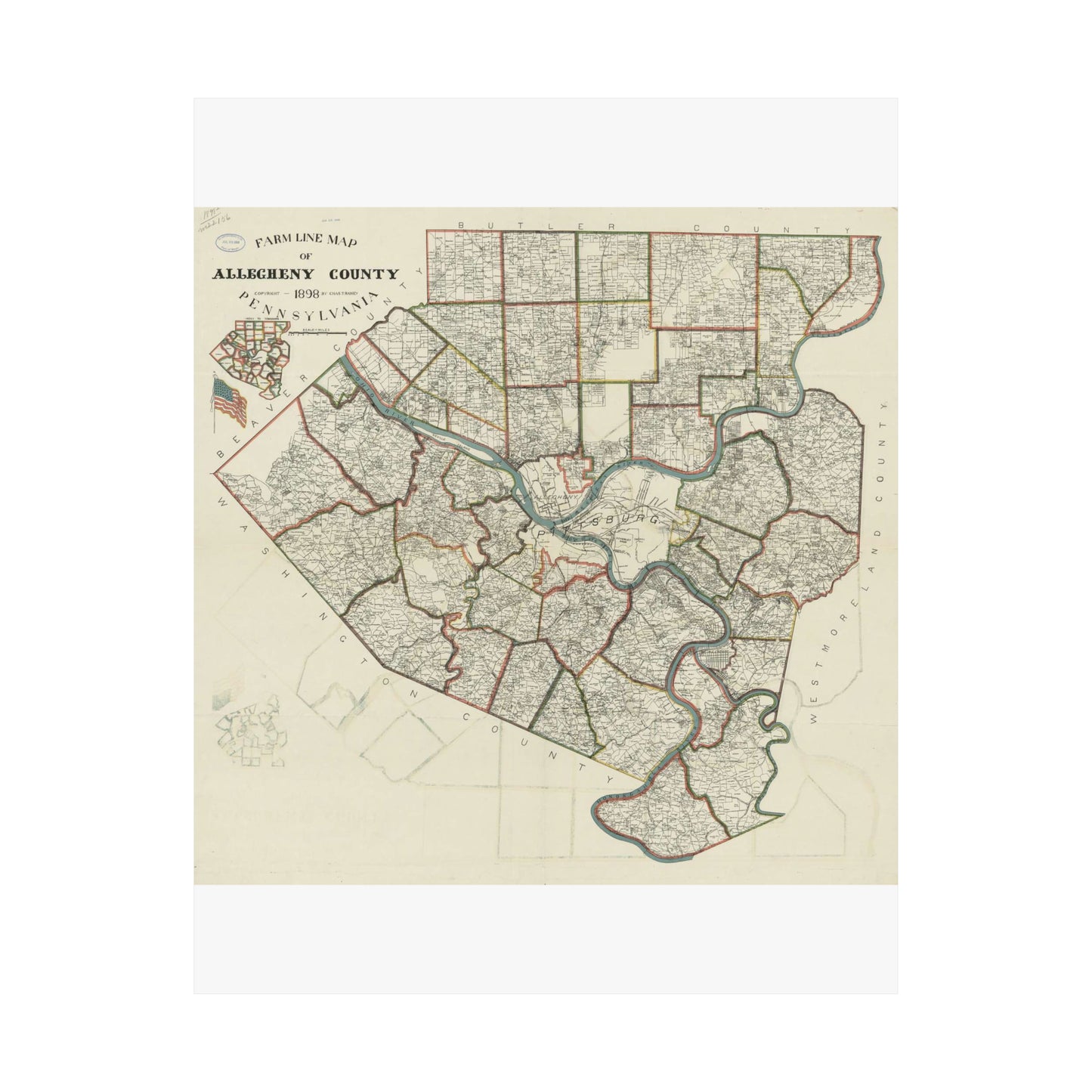 Farm line map of Allegheny County, Pennsylvania / High Quality Matte Wall Art Poster for Home, Office, Classroom