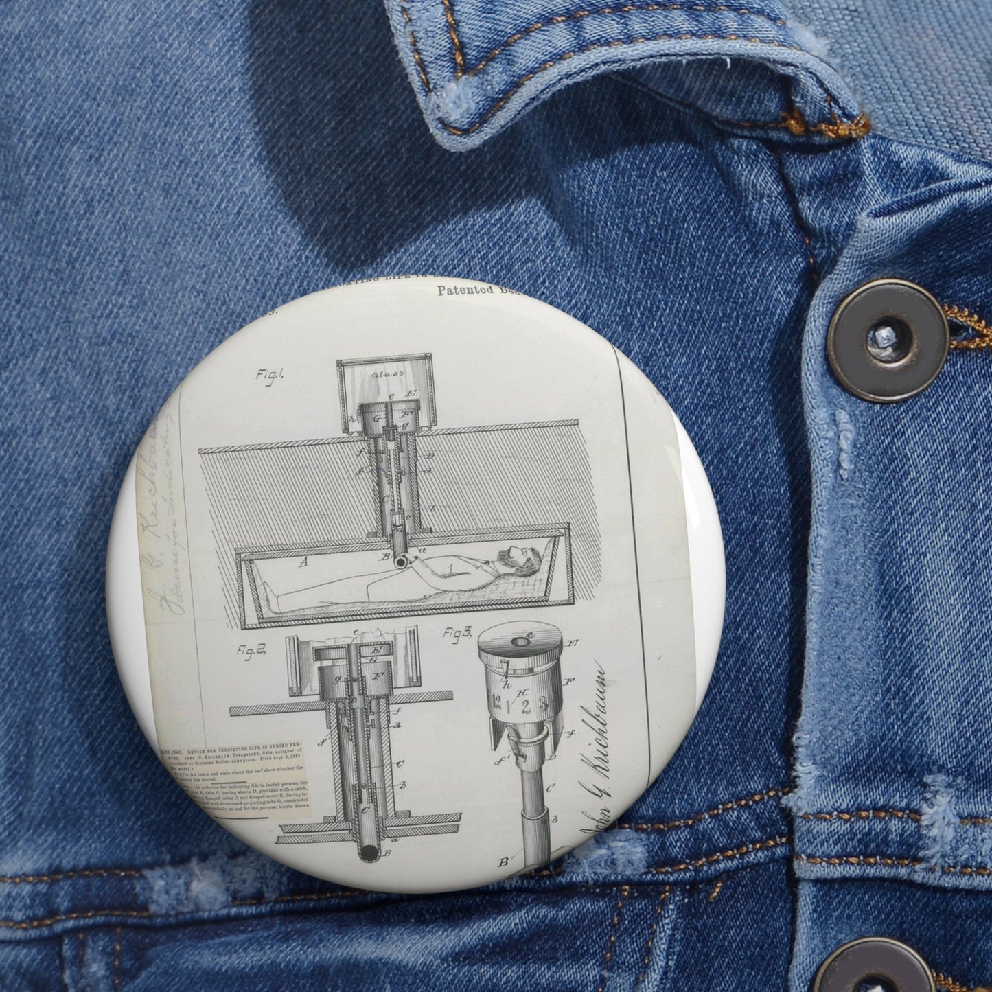 Patent drawing - for J. G. Krichbaum's Device for Indicating Life in Buried Persons Public domain image Pin Buttons with Crisp Design