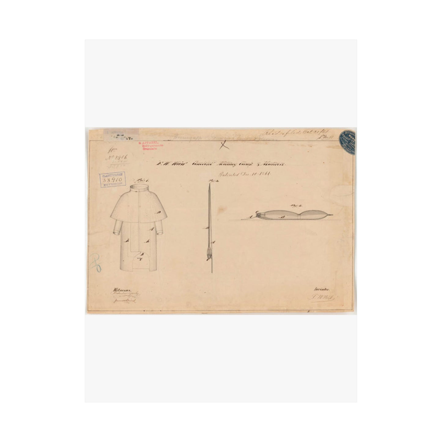 Patent drawing - Drawing of Combined Military Cloak and Mattress Public domain image High Quality Matte Wall Art Poster for Home, Office, Classroom