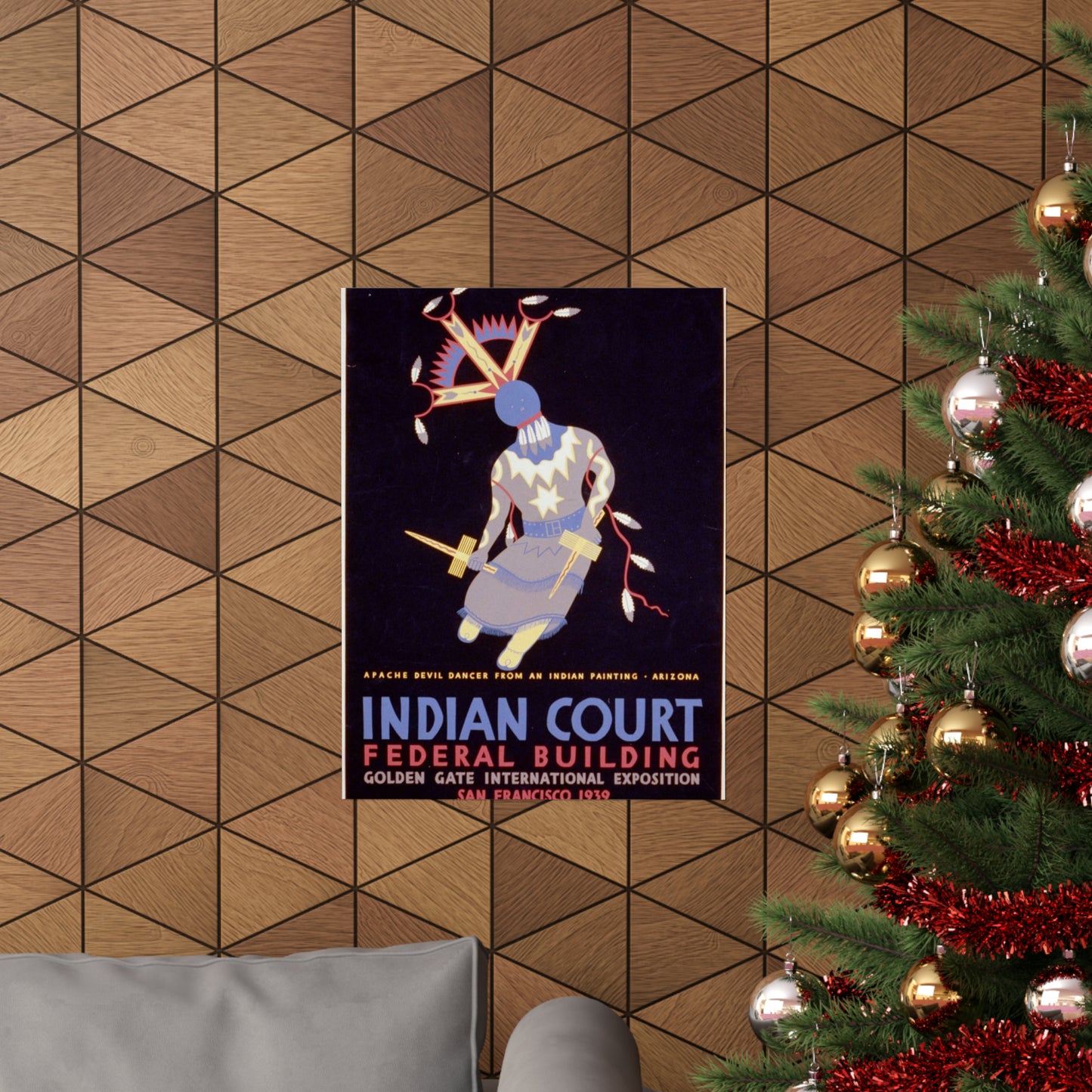 Indian court, Federal Building, Golden Gate International Exposition, San Francisco, 1939 Apache devil dancer from an Indian painting, Arizona / / Siegriest. High Quality Matte Wall Art Poster for Home, Office, Classroom
