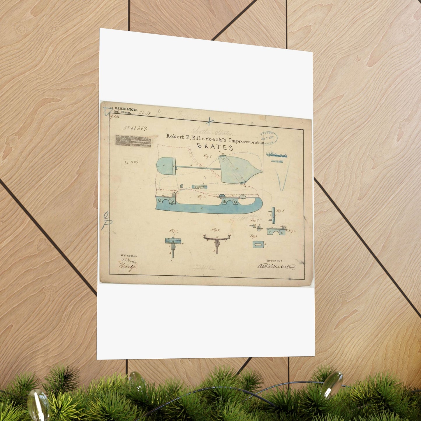 Patent drawing - Drawing of Improvement in Skates Public domain image High Quality Matte Wall Art Poster for Home, Office, Classroom