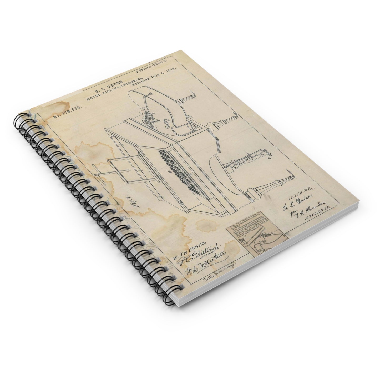 Patent drawing - for H. L. Deden's Keyed Violins, Cellos, Etc. Public domain image Spiral Bound Ruled Notebook with Printed Cover