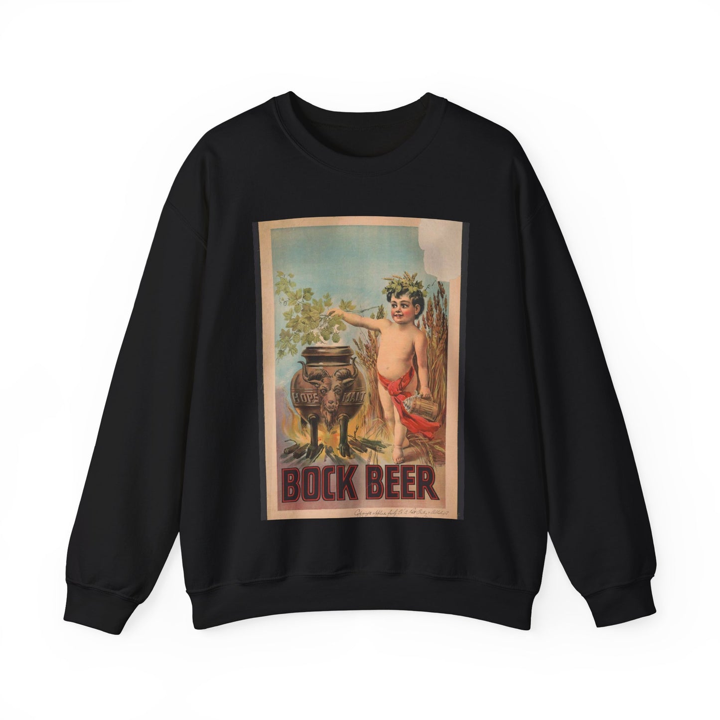 Bock beer boy standing to the right of a vat, which is inscribed hops malt, holding hops over the vat Black Heavy Blend Adult Crew Neck SweatShirt
